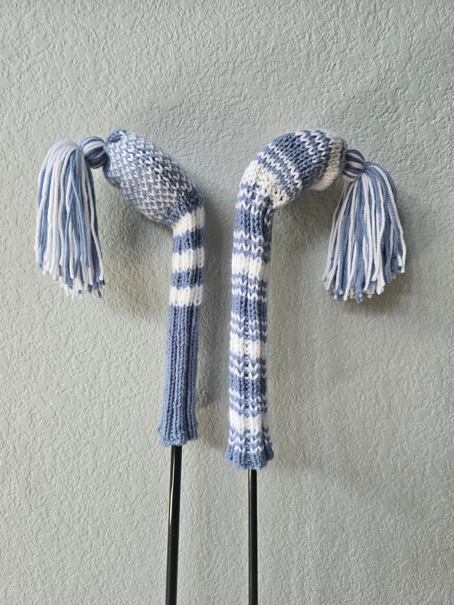 Two Hand Knit Golf Club Head Covers Retro-Vintage Dusty Blue & White with Tassels for Woods