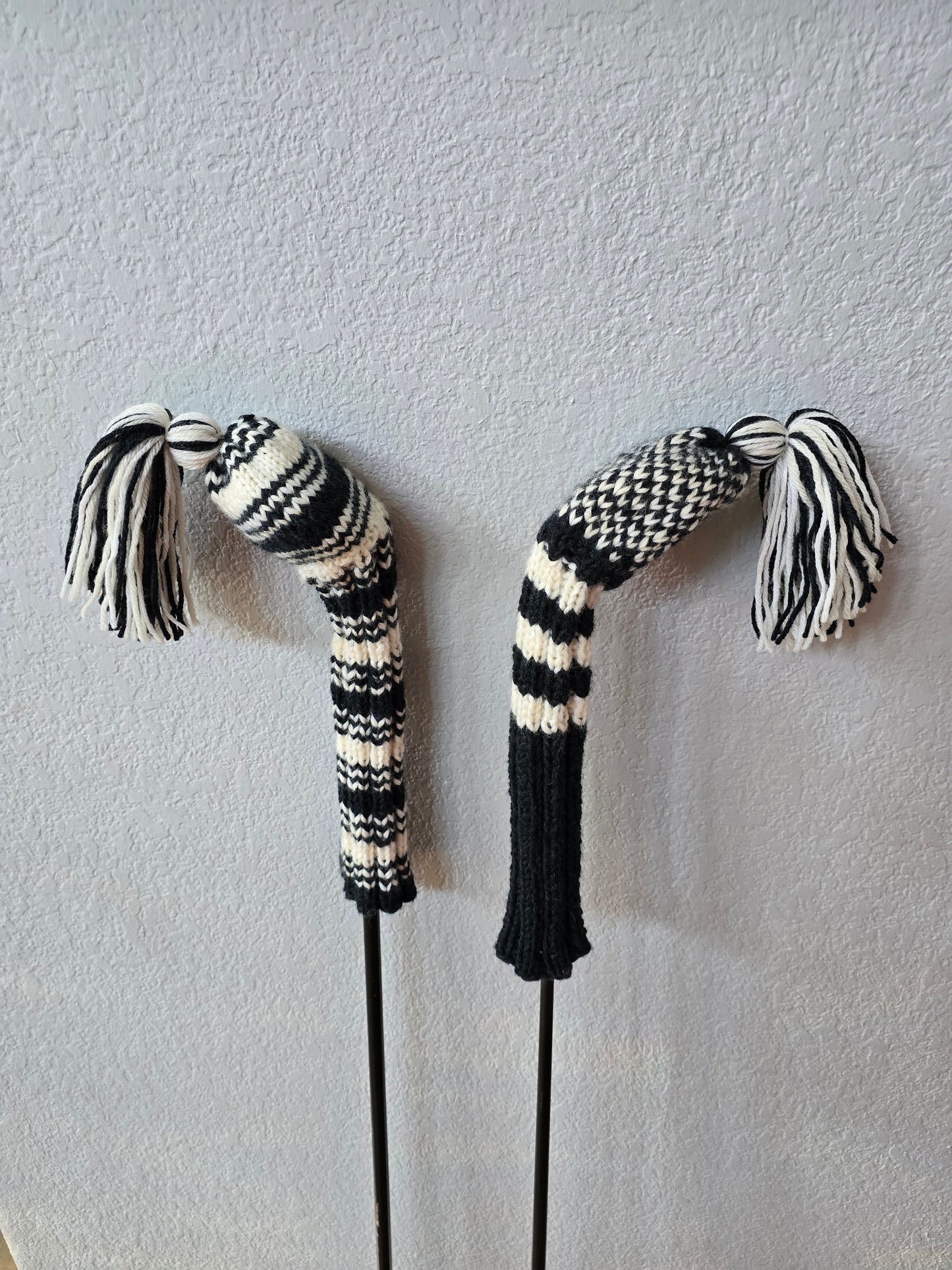 Two 100% Wool Hand Knit Golf Club Head Cover Retro-Vintage Dark Gray & Ivory with Tassel for Fairway Woods