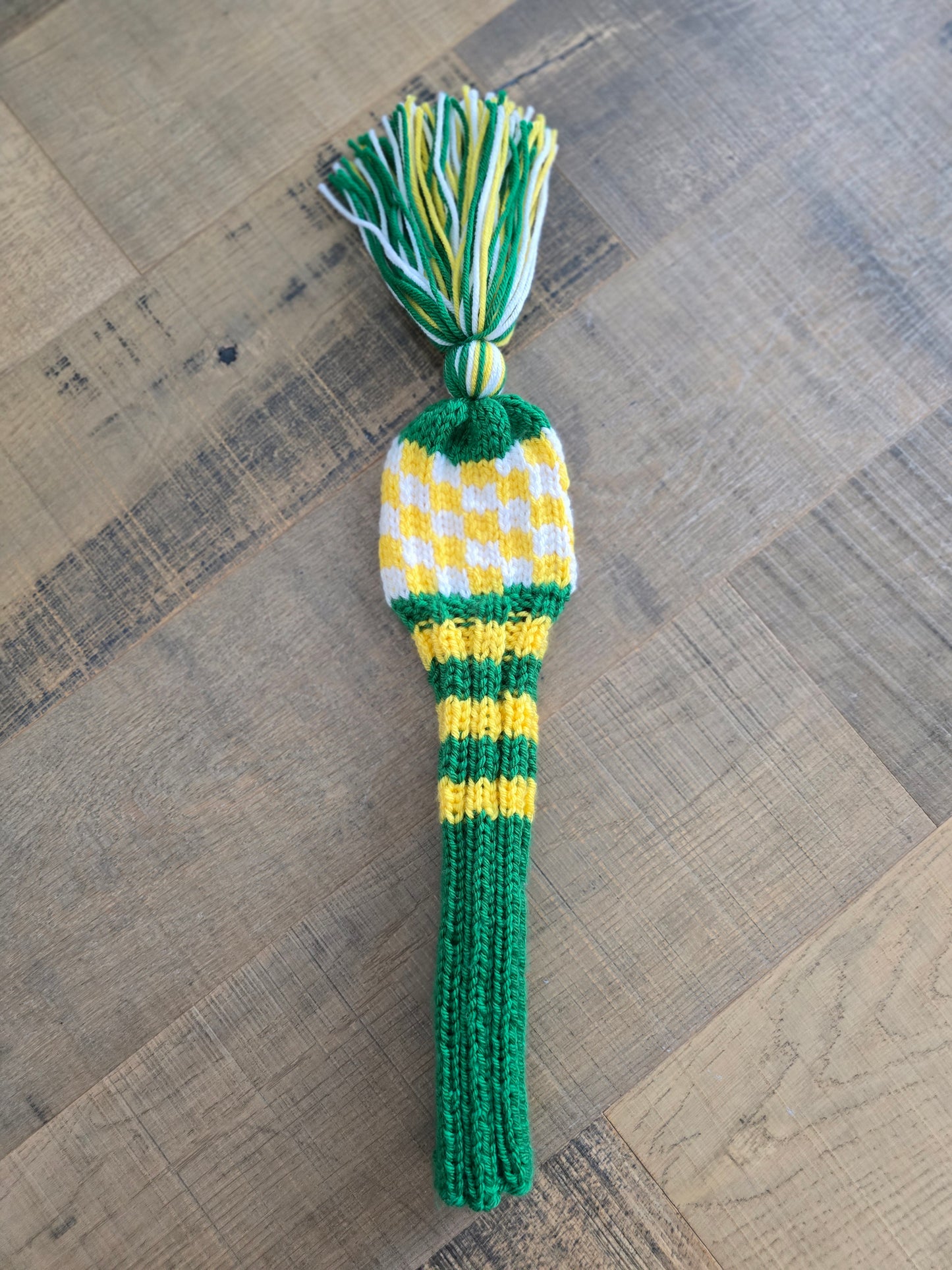 One Hand Knit Golf Club Head Covers Retro-Vintage Green, Yellow & White with Tassel for 5 Wood Custom for Eric