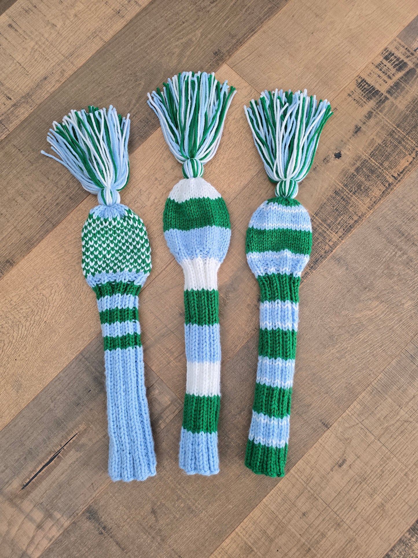 Three Golf Club Head Covers Retro-Vintage Blue, Green & White with Tassels for Drivers, Woods