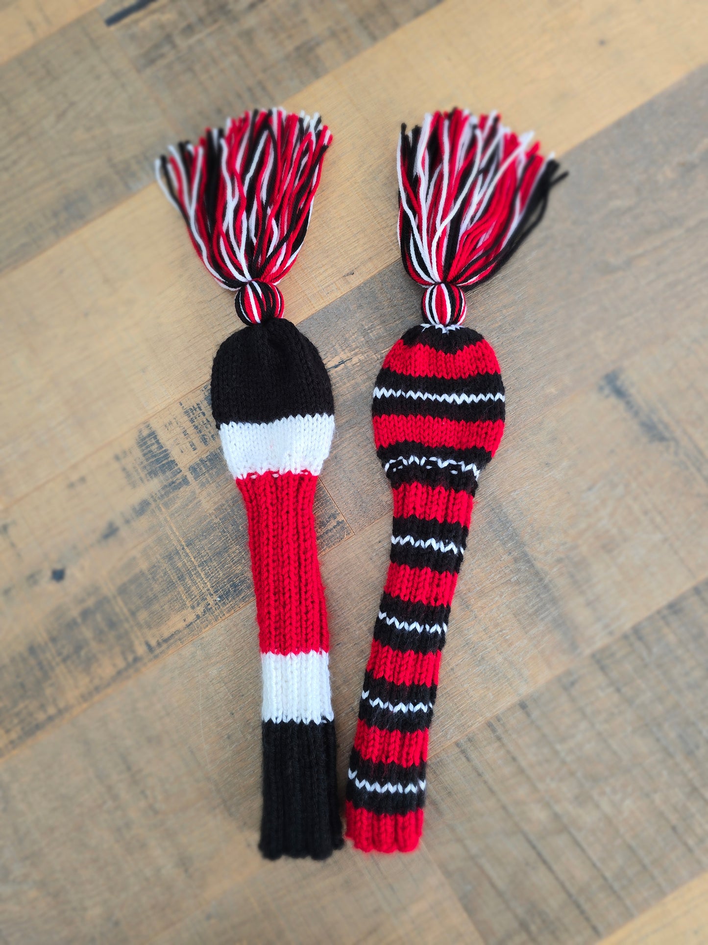 Two Hand Knit Golf Club Head Covers Black, Red & White with Tassels for Fairway Woods