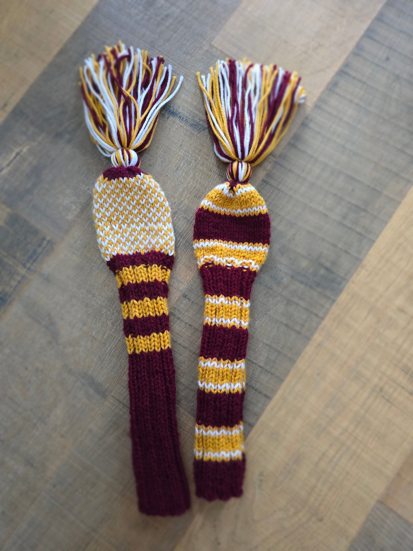 Two Golf Club Head Covers Retro-Vintage Burgundy, Gold & White with Tassels for Fairway Woods