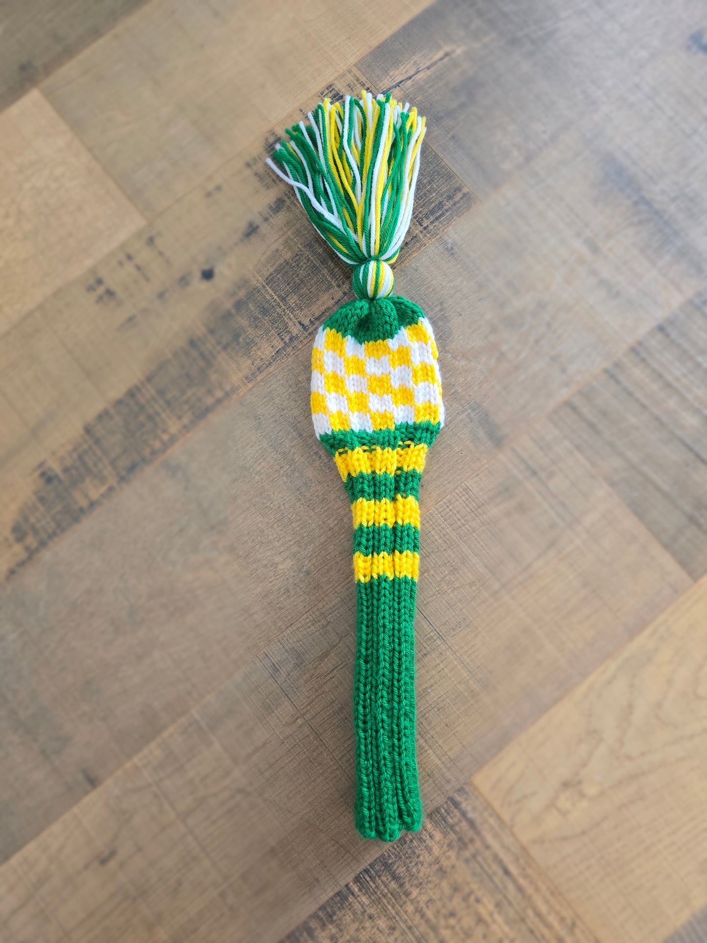 One Hand Knit Golf Club Head Covers Retro-Vintage Green, Yellow & White with Tassel for 5 Wood Custom for Eric