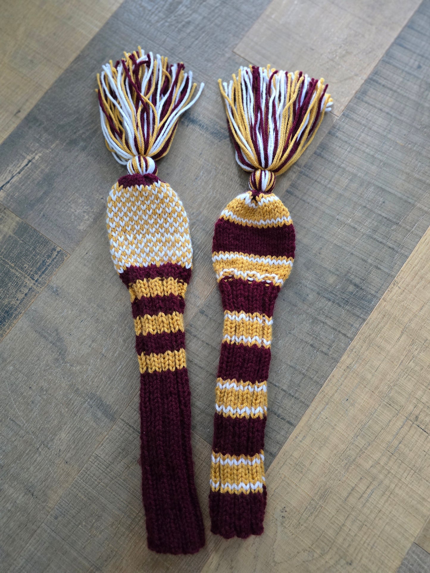 Two Golf Club Head Covers Retro-Vintage Burgundy, Gold & White with Tassels for Fairway Woods