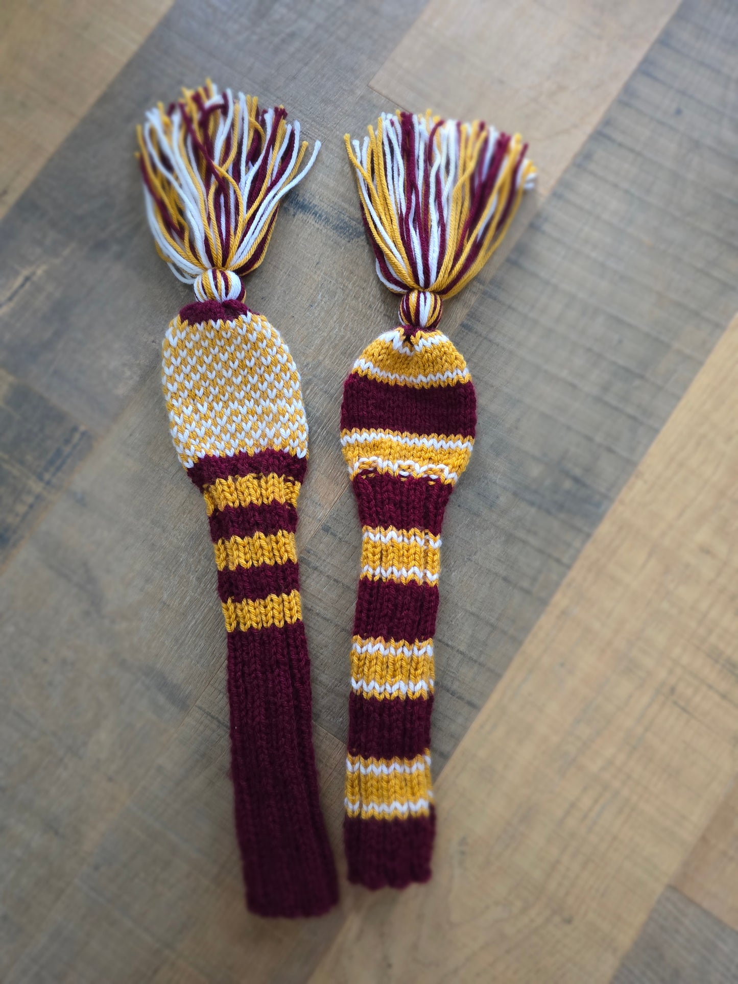 Two Golf Club Head Covers Retro-Vintage Burgundy, Gold & White with Tassels for Fairway Woods