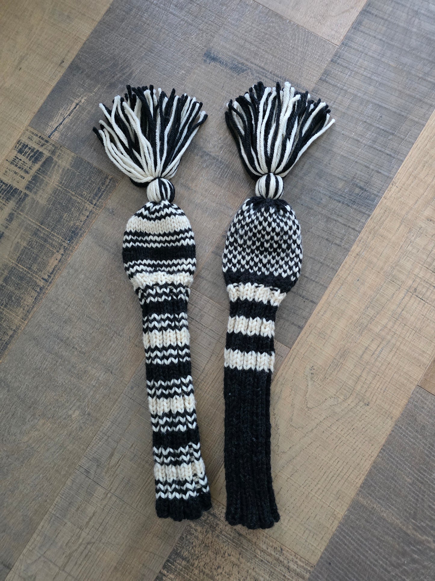 Two 100% Wool Hand Knit Golf Club Head Cover Retro-Vintage Dark Gray & Ivory with Tassel for Fairway Woods