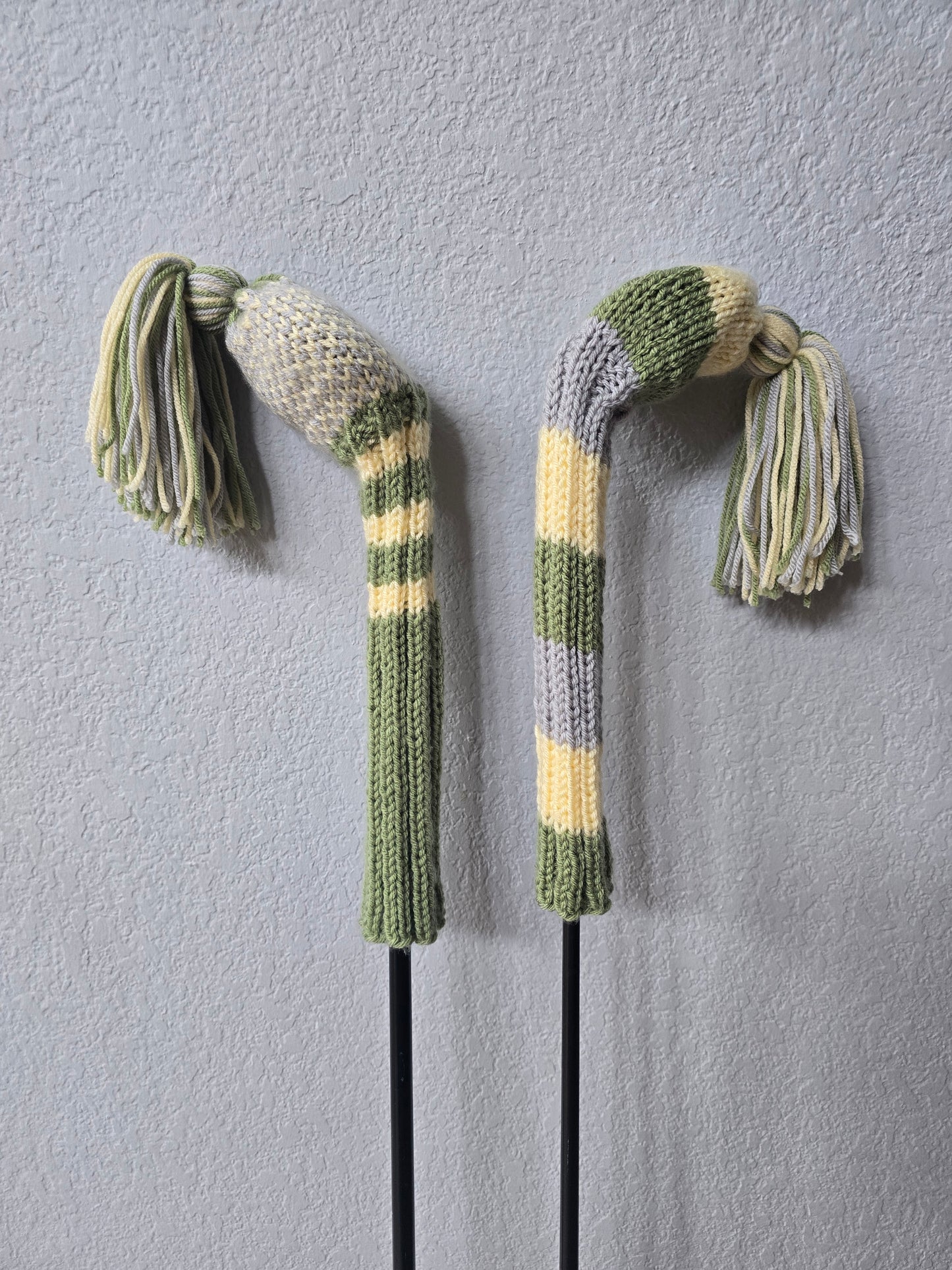 Two Golf Club Head Covers Retro-Vintage Green, Yellow & Gray with Tassels for Fairway Woods