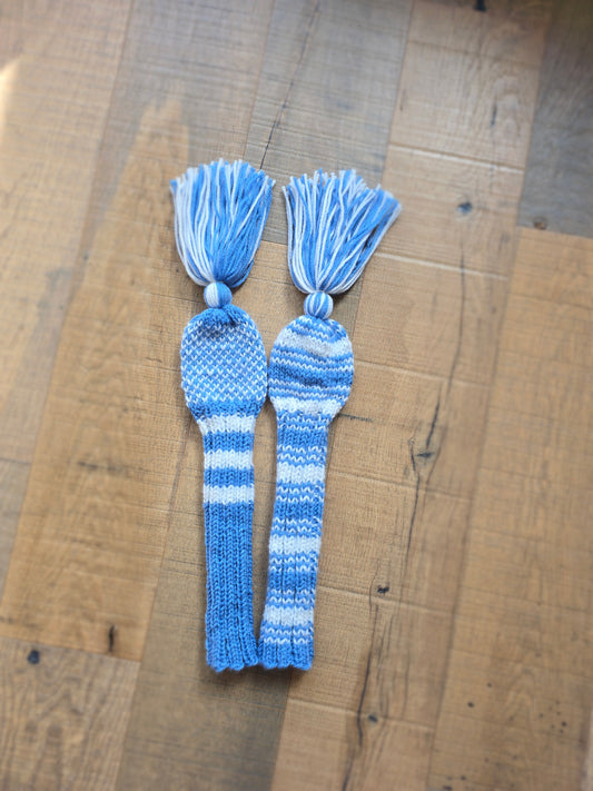 Two Hand Knit Golf Club Head Covers Retro-Vintage Blue & White with Tassels for Woods