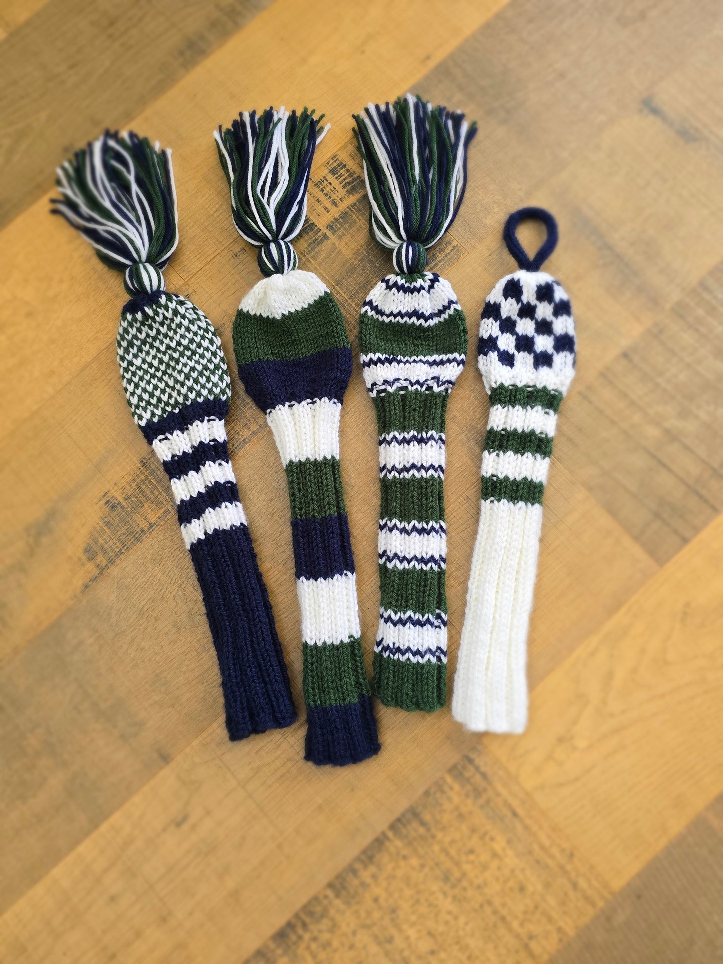 Custom Hand Knit Golf Club Head Covers Retro-Vintage Blue, Green & White with Tassels for Driver, Fairway Woods & Hybrid