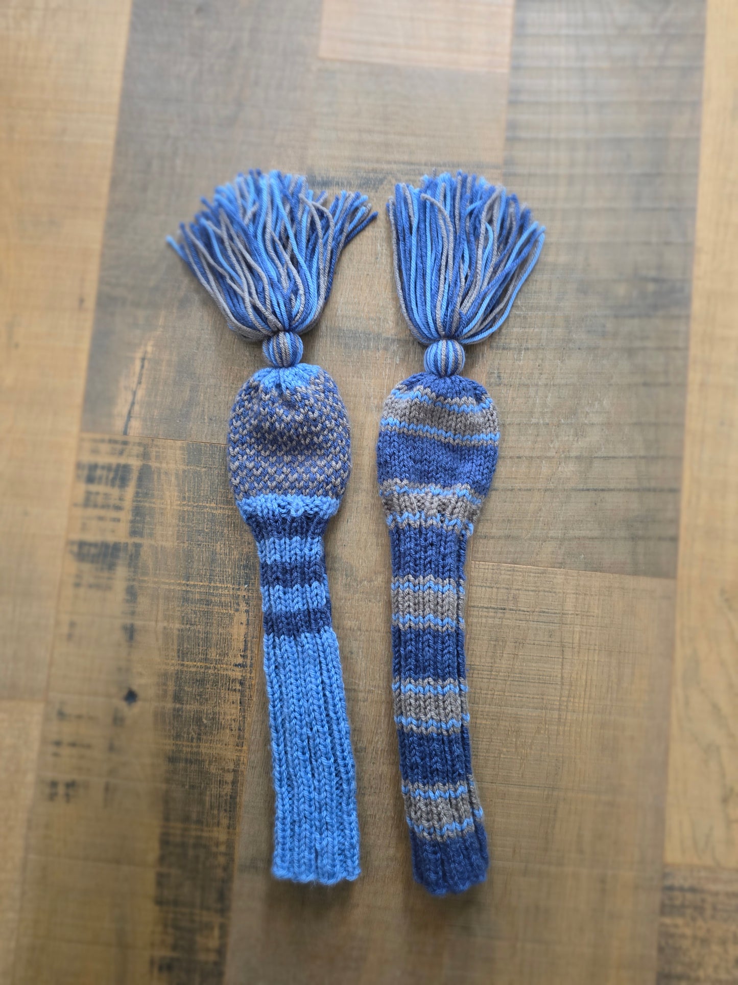 Hand Knit Golf Club Head Covers Retro-Vintage Black, Blue & Gray with Tassels for Fairway Woods