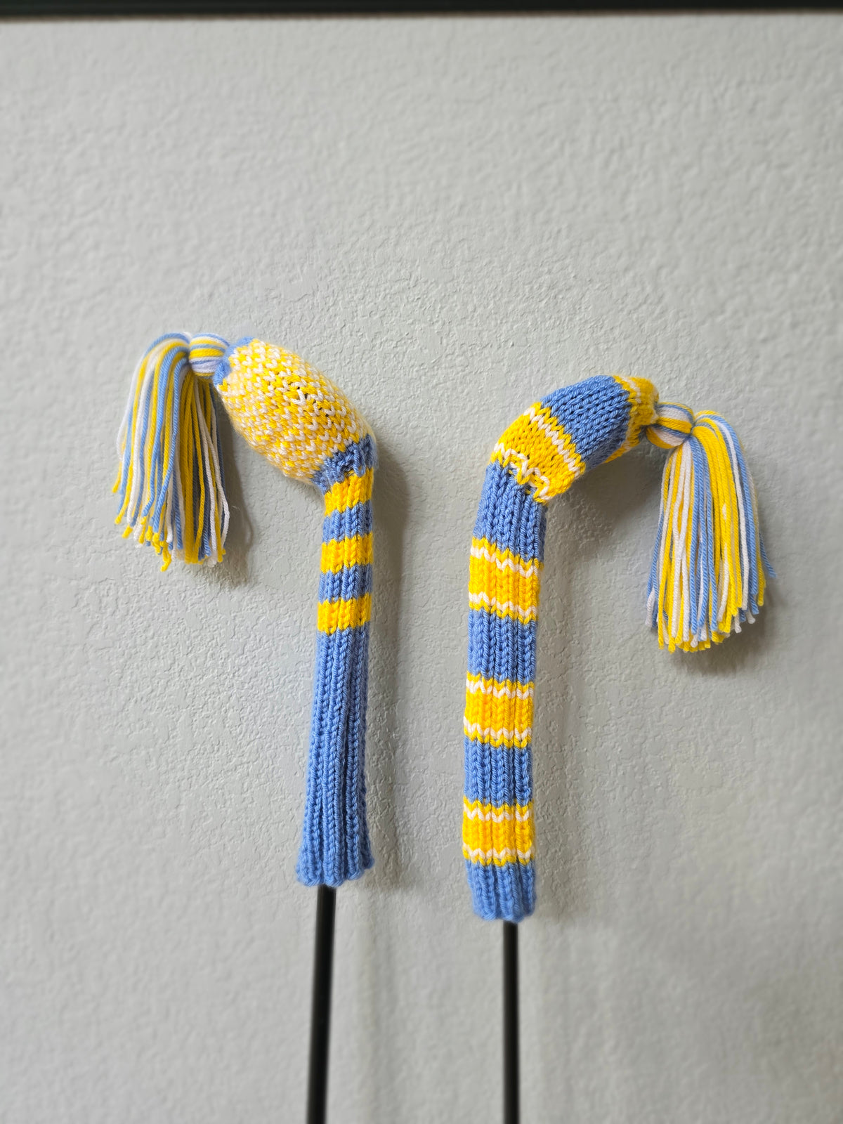 Hand Knit Golf Club Head Covers Retro-Vintage Blue, Yellow & White with Tassels for Fairway Woods