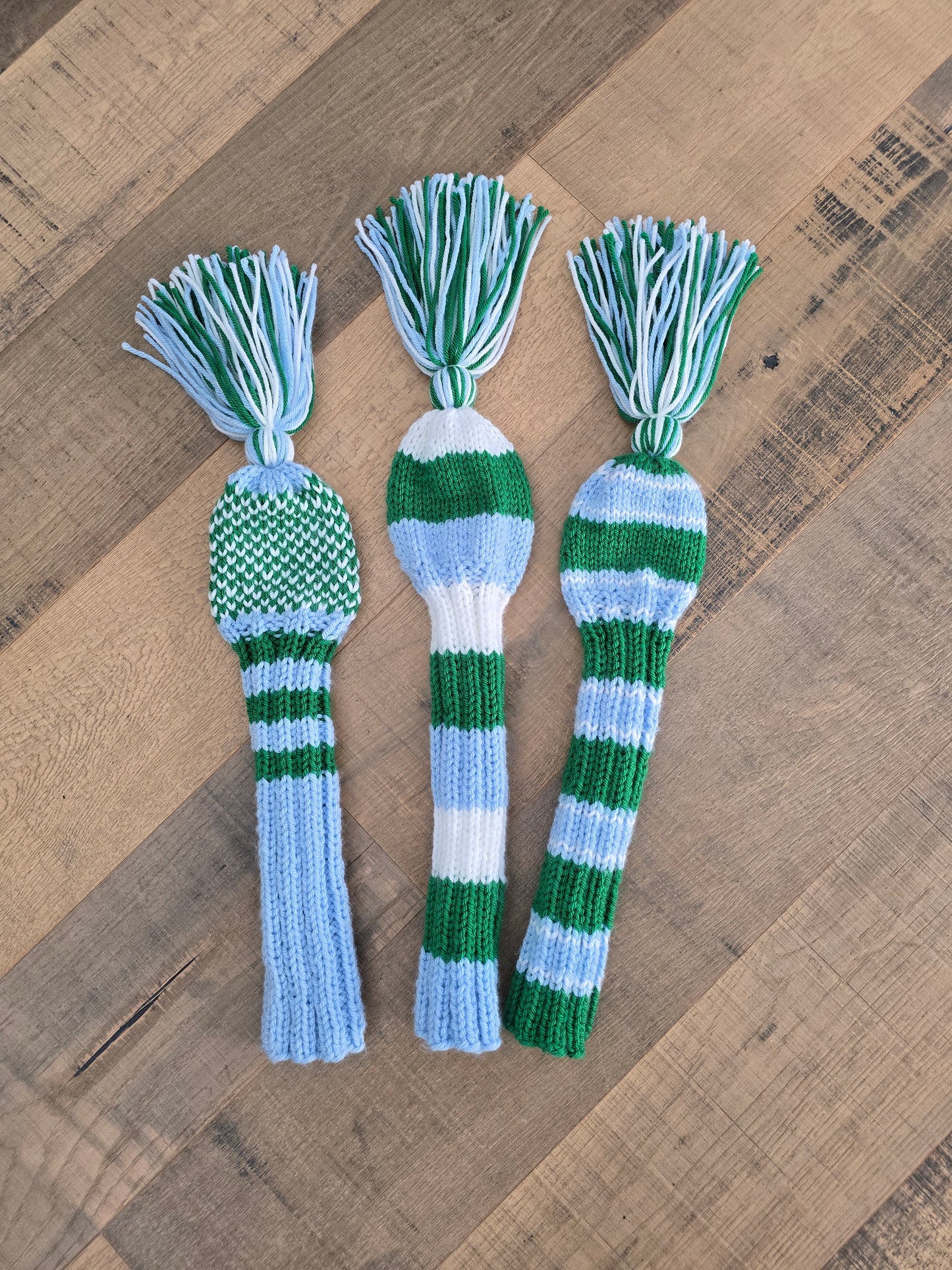 Three Golf Club Head Covers Retro-Vintage Blue, Green & White with Tassels for Drivers, Woods