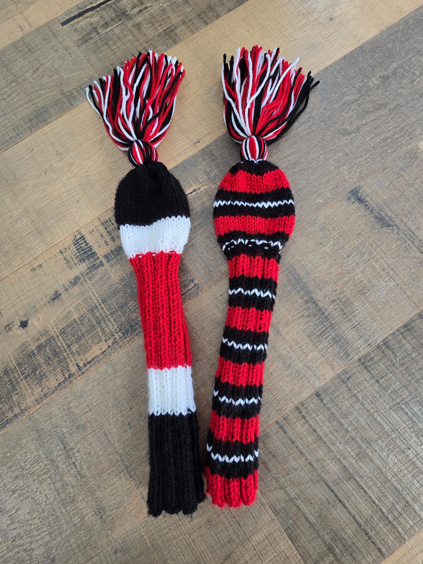 Two Hand Knit Golf Club Head Covers Black, Red & White with Tassels for Fairway Woods