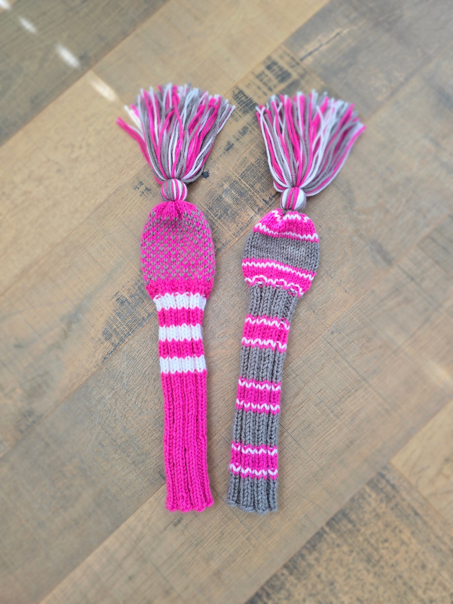 Two Golf Club Head Covers Retro-Vintage Pink, Gray & White with Tassels for Fairway Wood & Driver