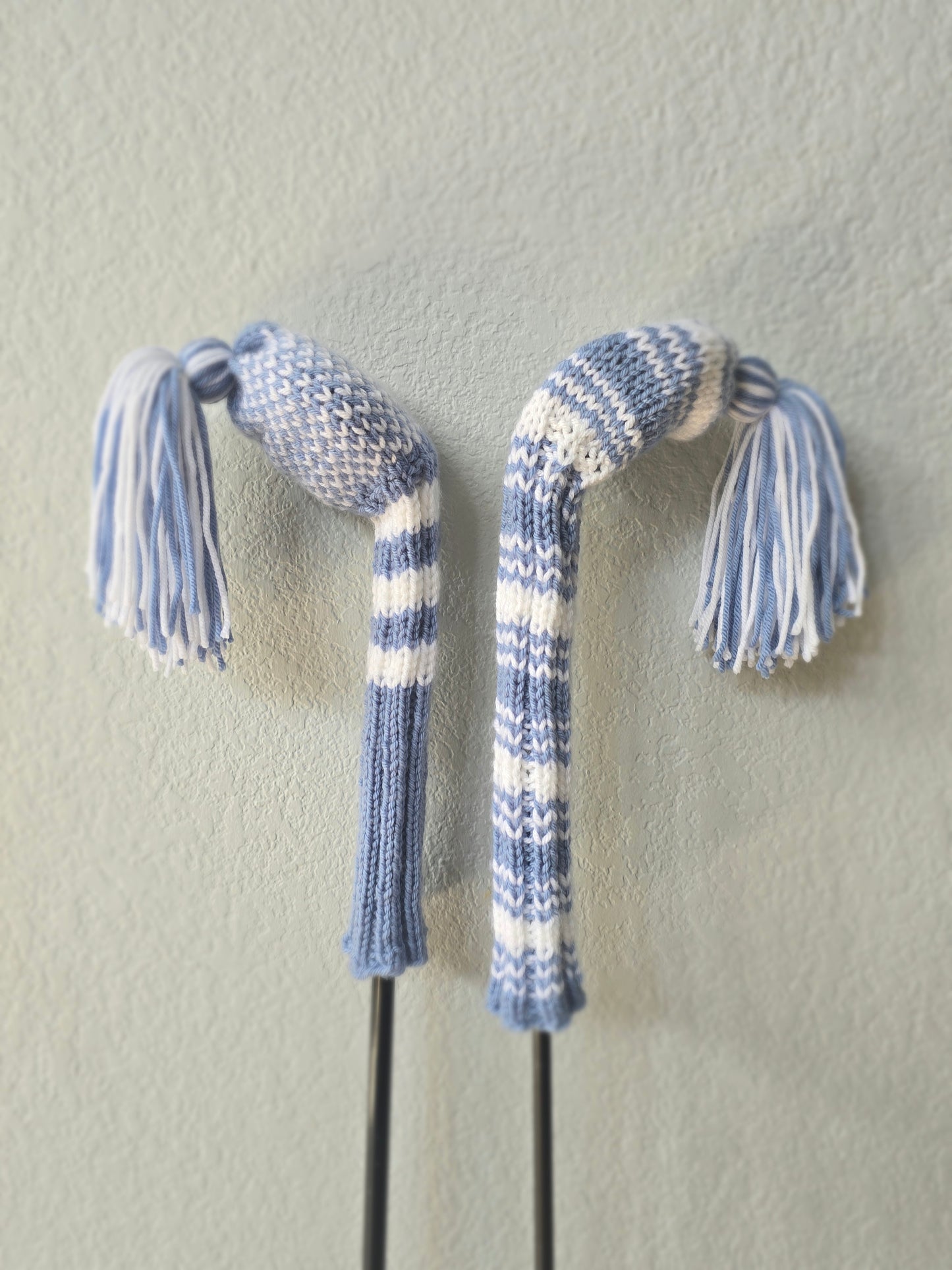 Two Hand Knit Golf Club Head Covers Retro-Vintage Dusty Blue & White with Tassels for Woods