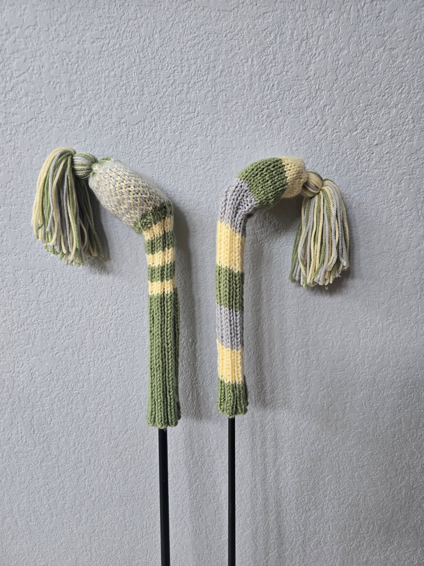 Two Golf Club Head Covers Retro-Vintage Green, Yellow & Gray with Tassels for Fairway Woods