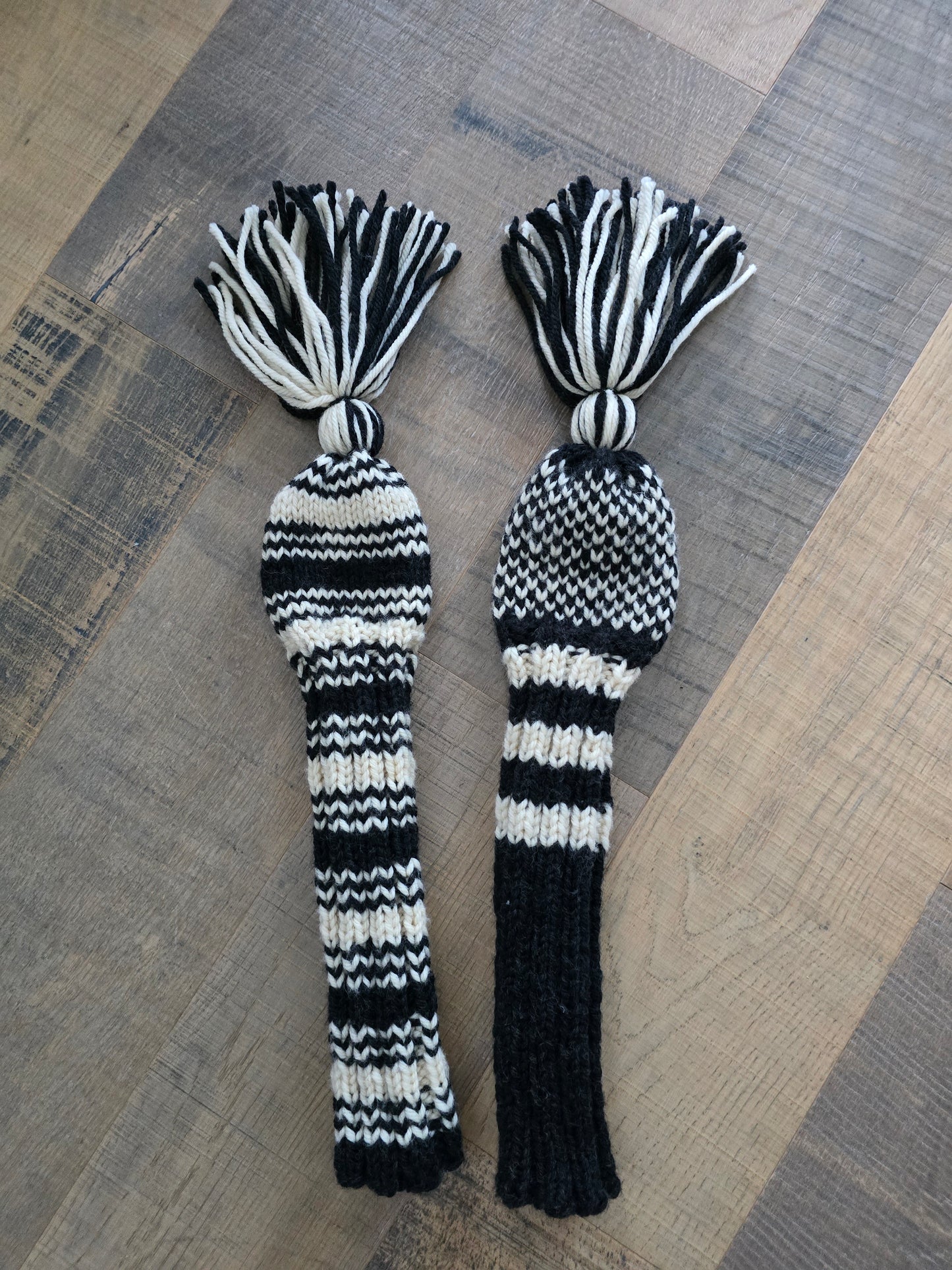 Two 100% Wool Hand Knit Golf Club Head Cover Retro-Vintage Dark Gray & Ivory with Tassel for Fairway Woods