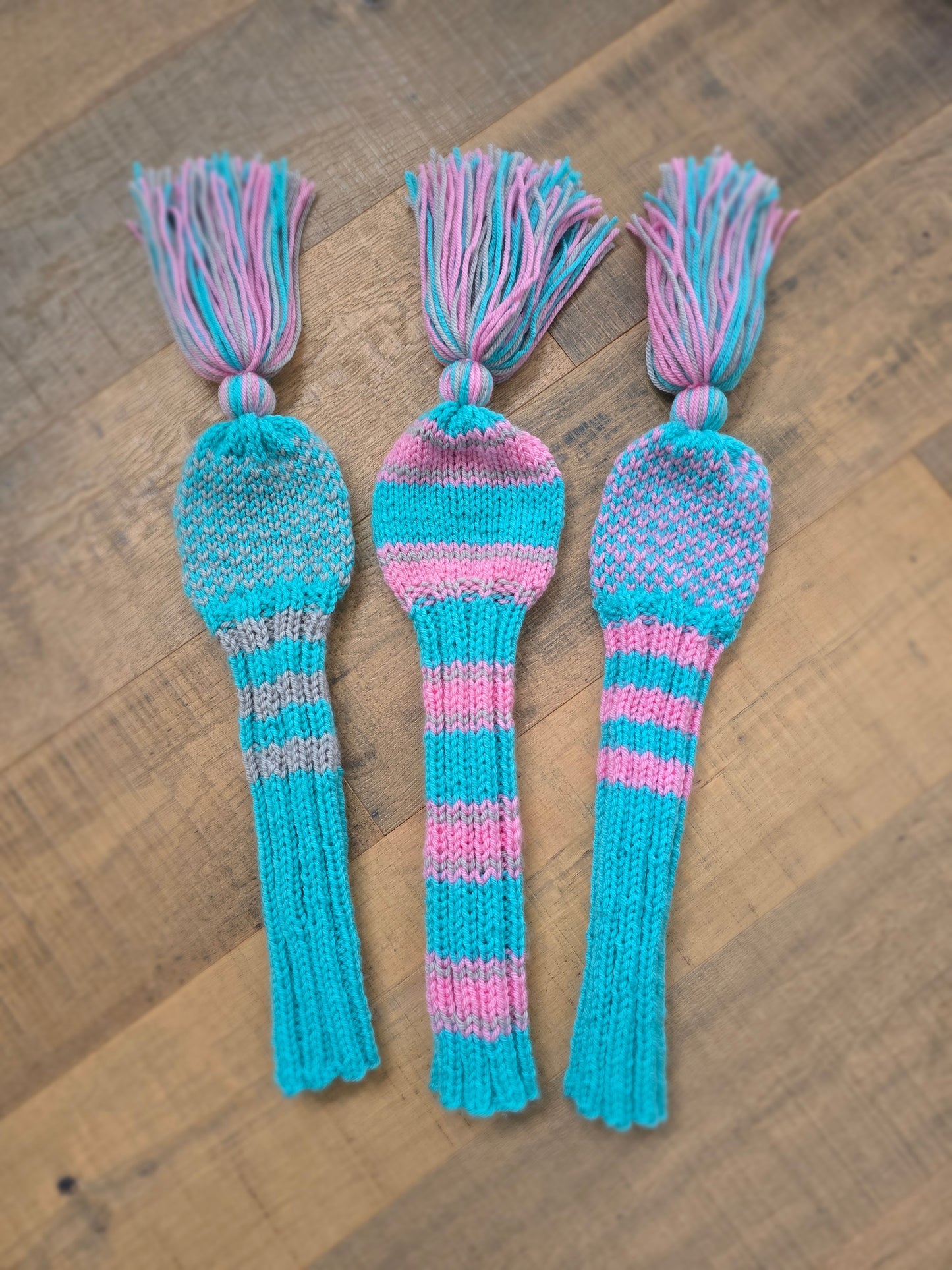 Golf Club Head Covers Retro-Vintage Pink, Gray & Aqua with Tassels for Drivers, Woods Hand Knit Golf Accessory