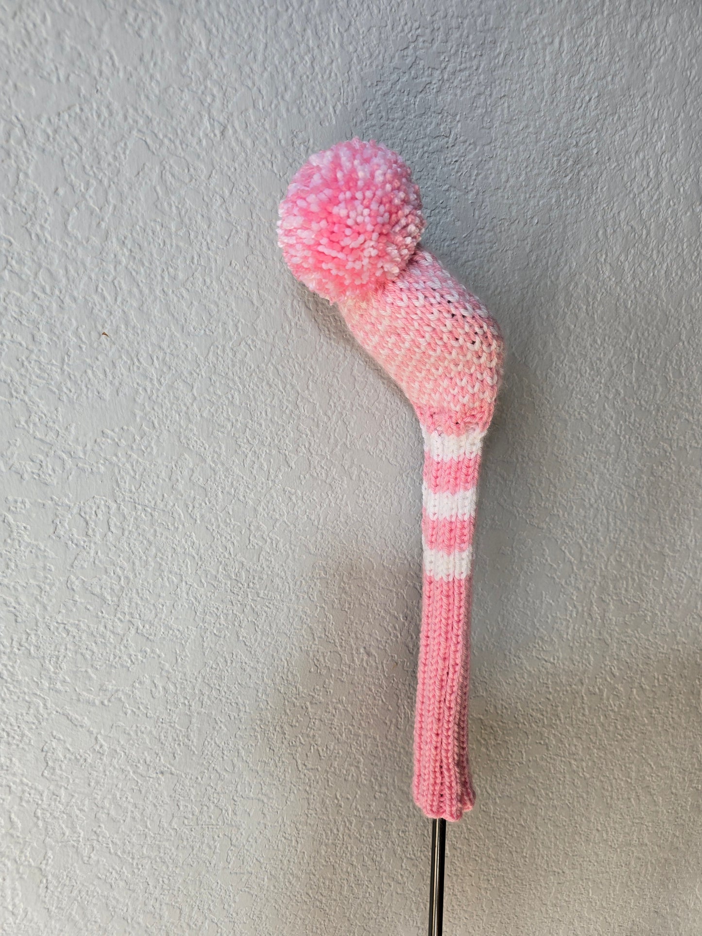 Custom Hand Knit Golf Club Head Cover Retro-Vintage Pink & White with Pom Pom for 5 Wood for Melissa