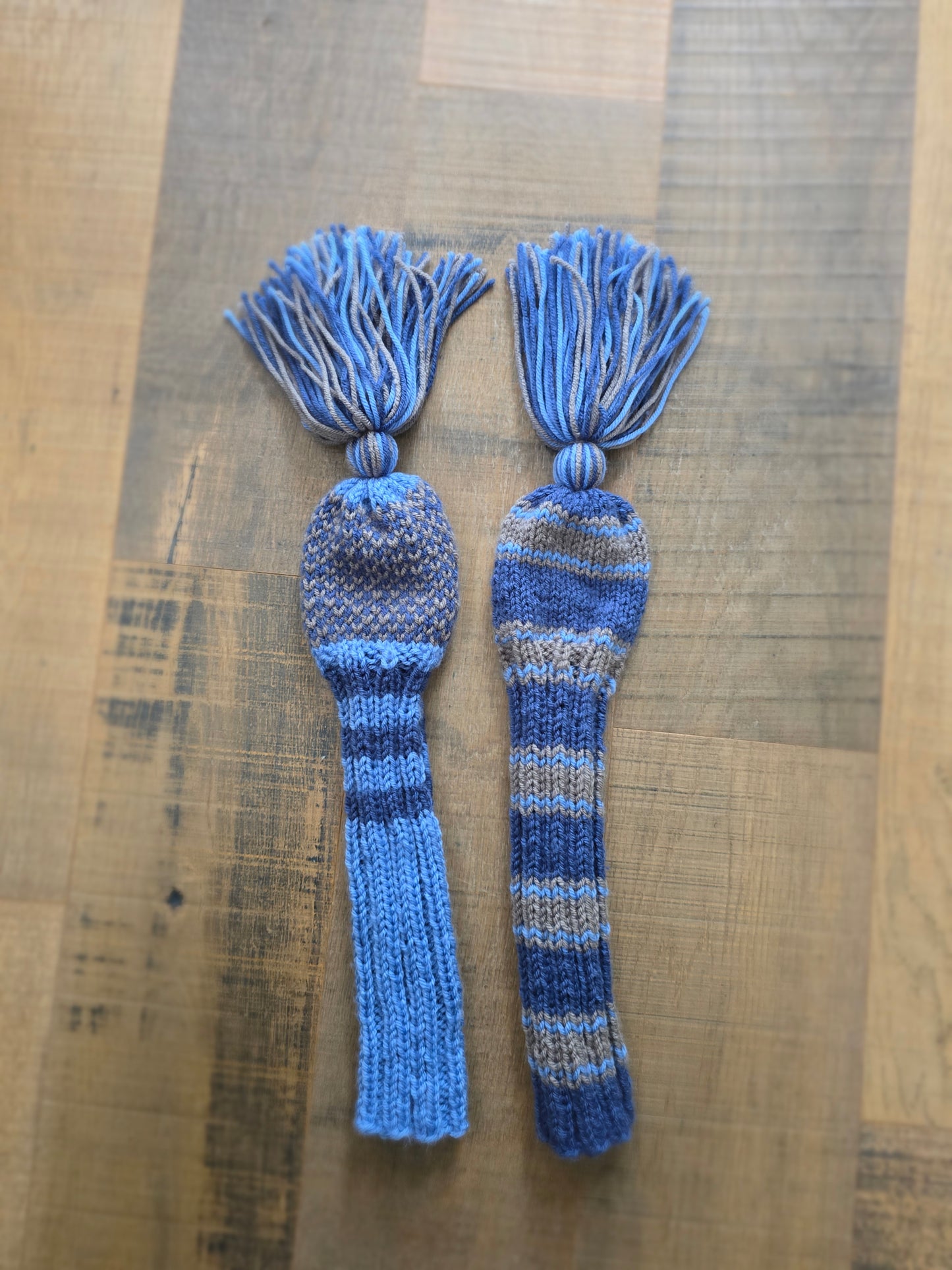 Hand Knit Golf Club Head Covers Retro-Vintage Black, Blue & Gray with Tassels for Fairway Woods