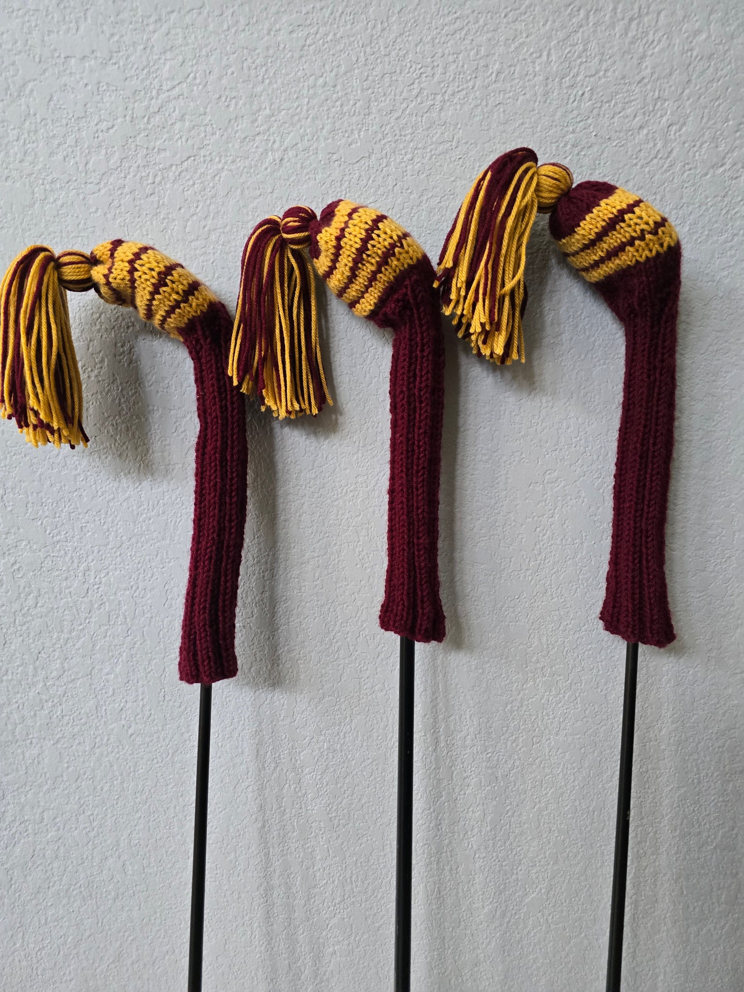Custom Hand Knit Golf Club Head Covers Retro-Vintage Maroon & Gold with Tassels for 3,4 & 5 Fairway Woods