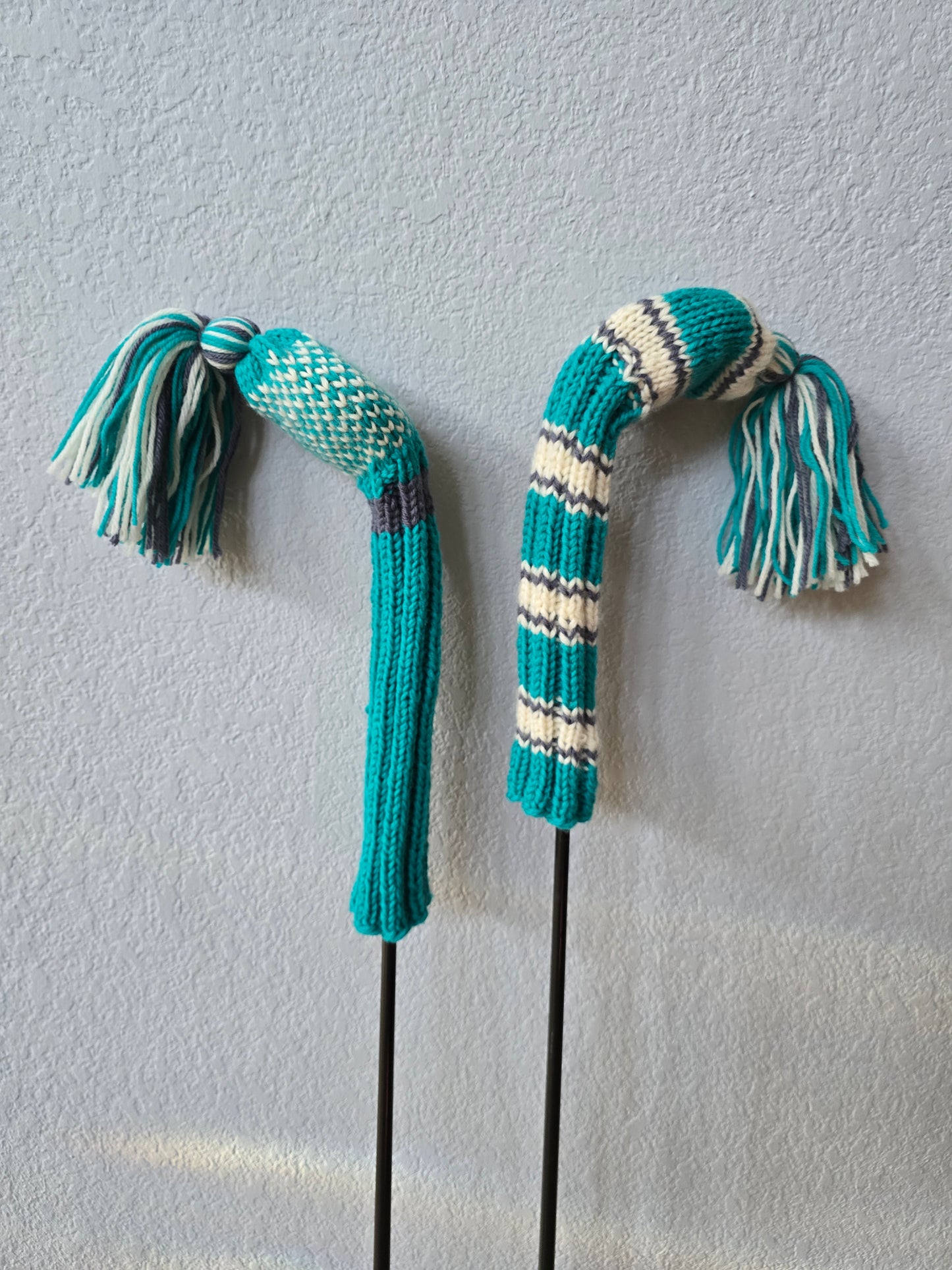 Two 100% Wool Hand Knit Golf Club Head Cover Retro-Vintage Teal, Gray & Ivory with Tassel for Fairway Woods