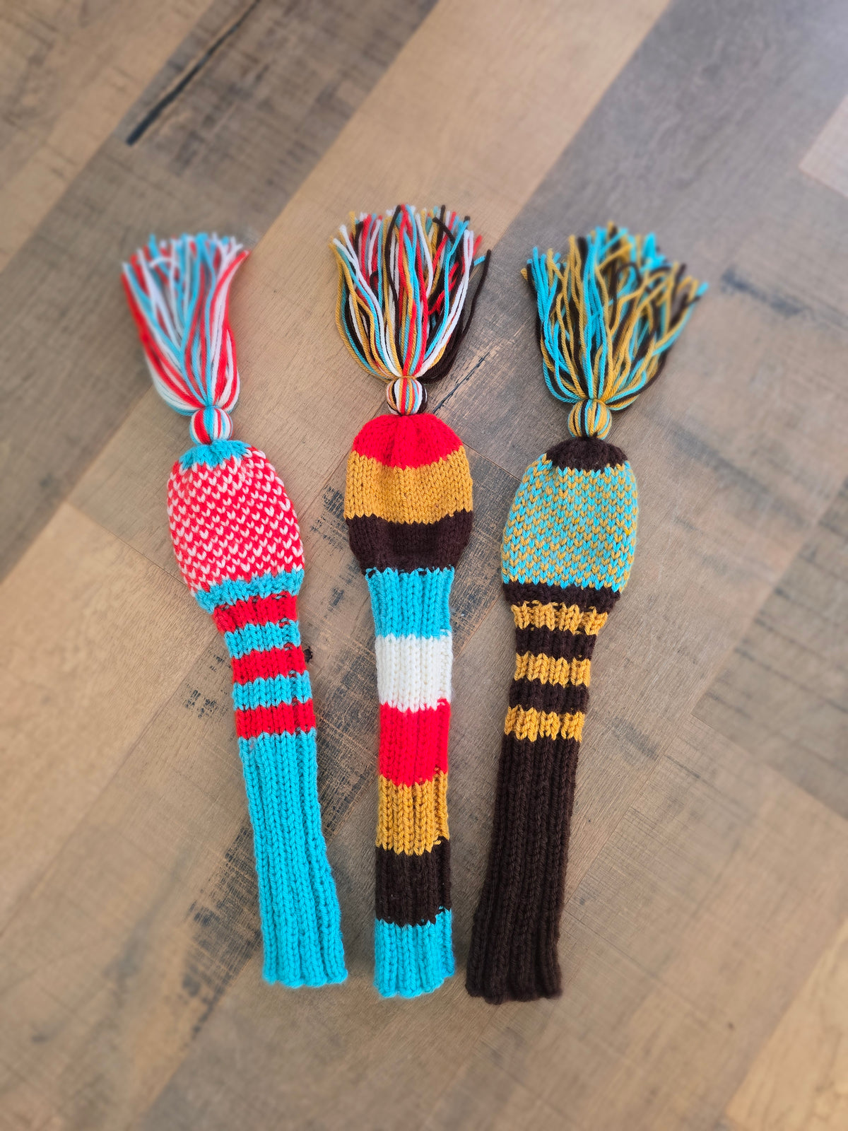 Hand Knit Golf Club Head Covers Retro-Vintage Multi Colored with Tassels for Driver & Fairway Woods Golf Gift