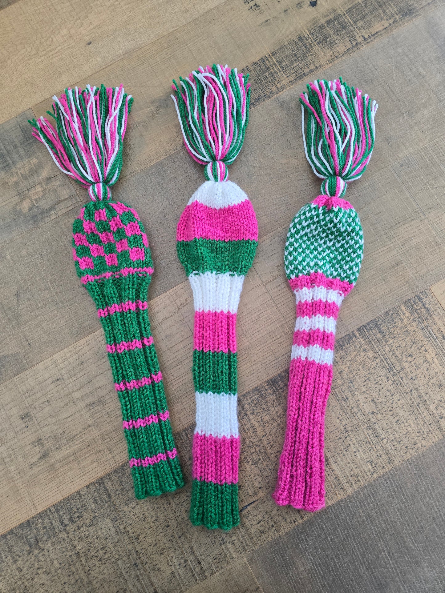 Golf Club Head Covers Retro-Vintage Pink, Green & White with Tassels for Drivers, Woods Hand Knit Golf Accessory