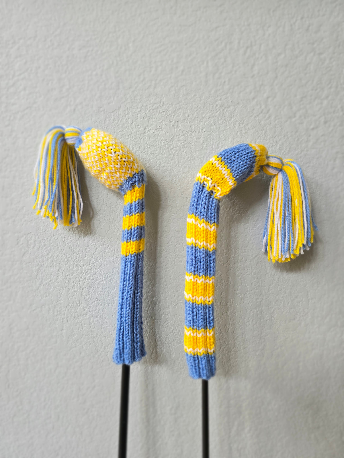 Hand Knit Golf Club Head Covers Retro-Vintage Blue, Yellow & White with Tassels for Fairway Woods
