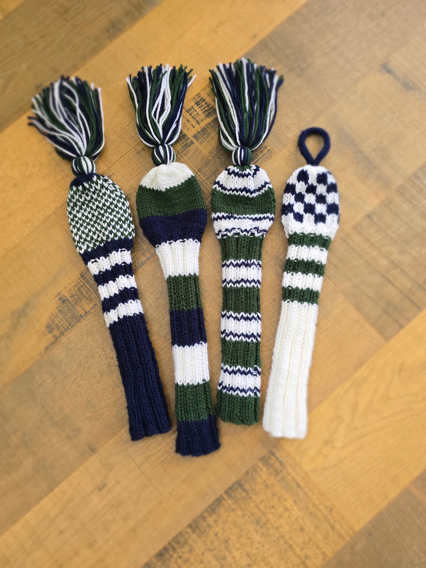 Custom Hand Knit Golf Club Head Covers Retro-Vintage Blue, Green & White with Tassels for Driver, Fairway Woods & Hybrid