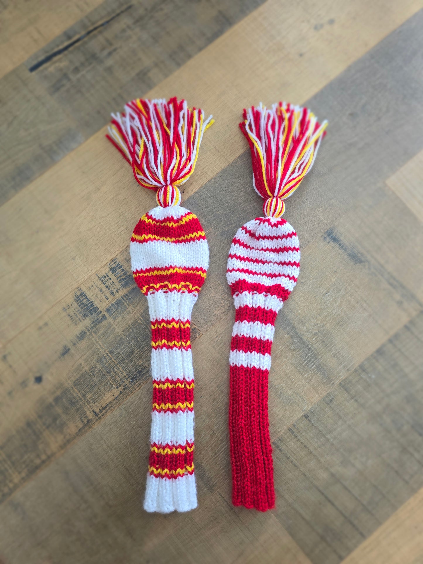 Two Golf Club Head Covers Retro-Vintage Red, Yellow & White with Tassels Driver & Fairway Wood Covers Custom for Kawika