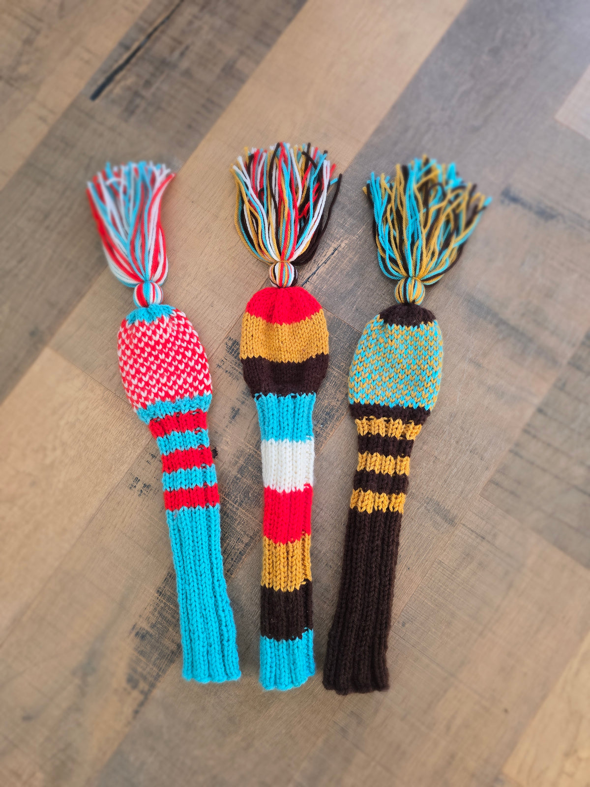 Hand Knit Golf Club Head Covers Retro-Vintage Multi Colored with Tassels for Driver & Fairway Woods Golf Gift