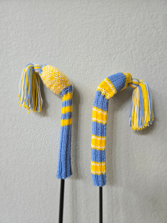 Hand Knit Golf Club Head Covers Retro-Vintage Blue, Yellow & White with Tassels for Fairway Woods