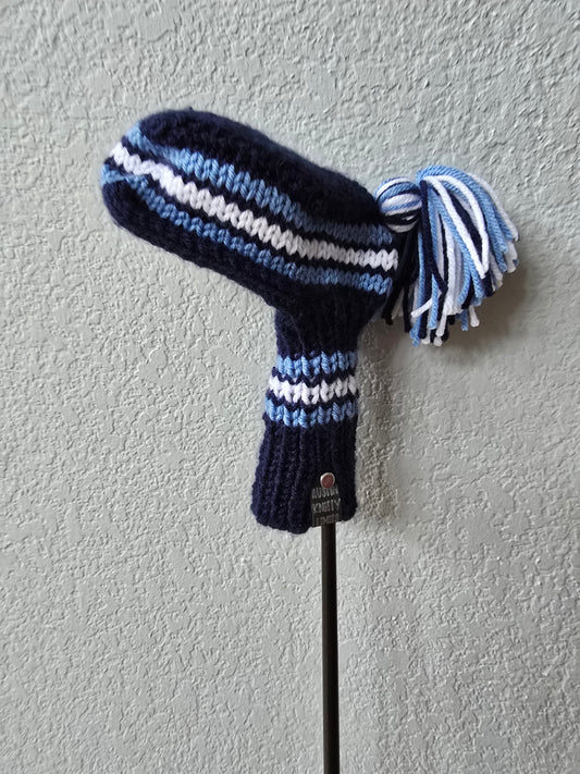 Custom Hand Knit Golf Club Head Cover Retro-Vintage Blue & White for Mallet Putter for Brian