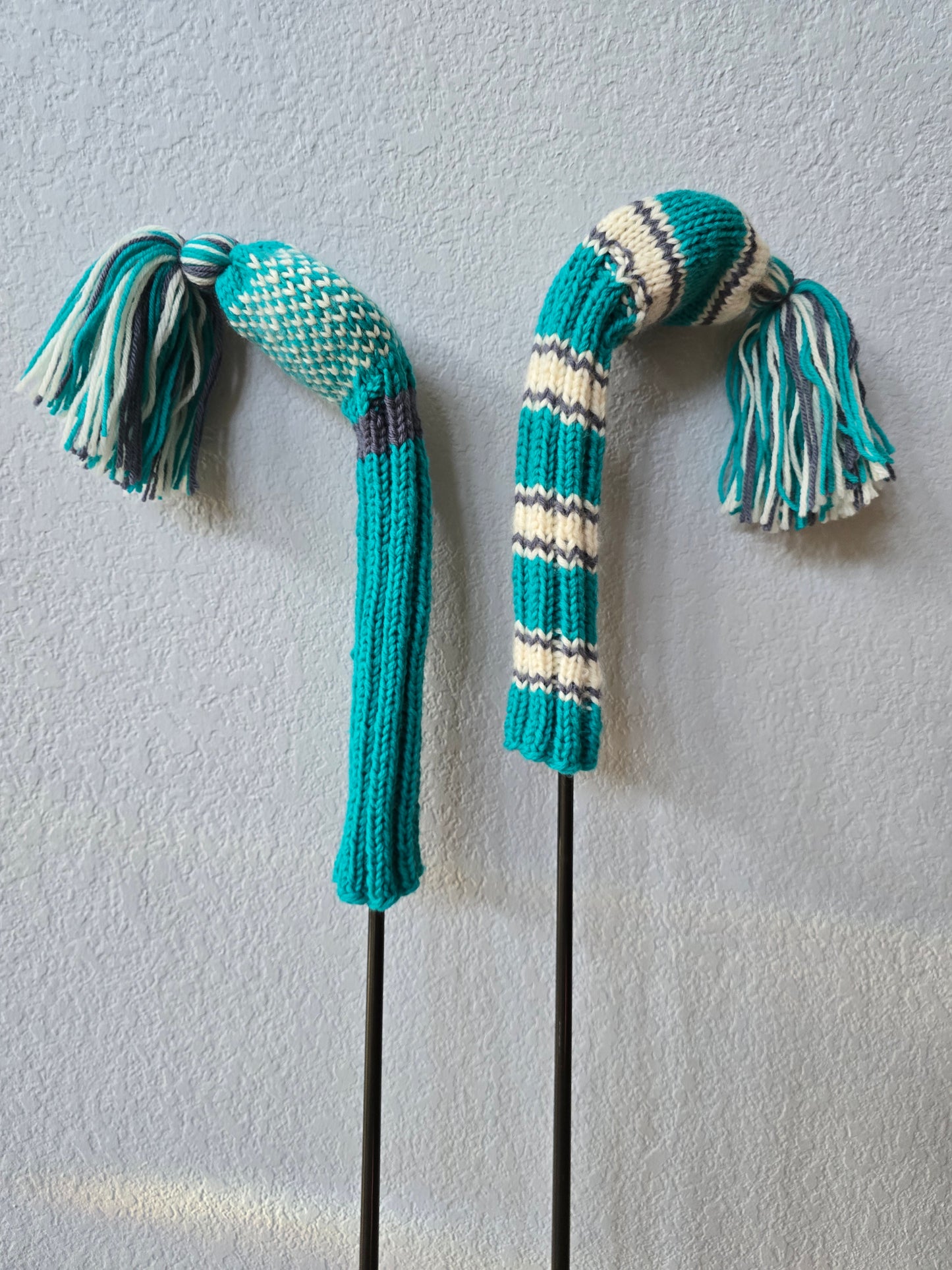 Two 100% Wool Hand Knit Golf Club Head Cover Retro-Vintage Teal, Gray & Ivory with Tassel for Fairway Woods