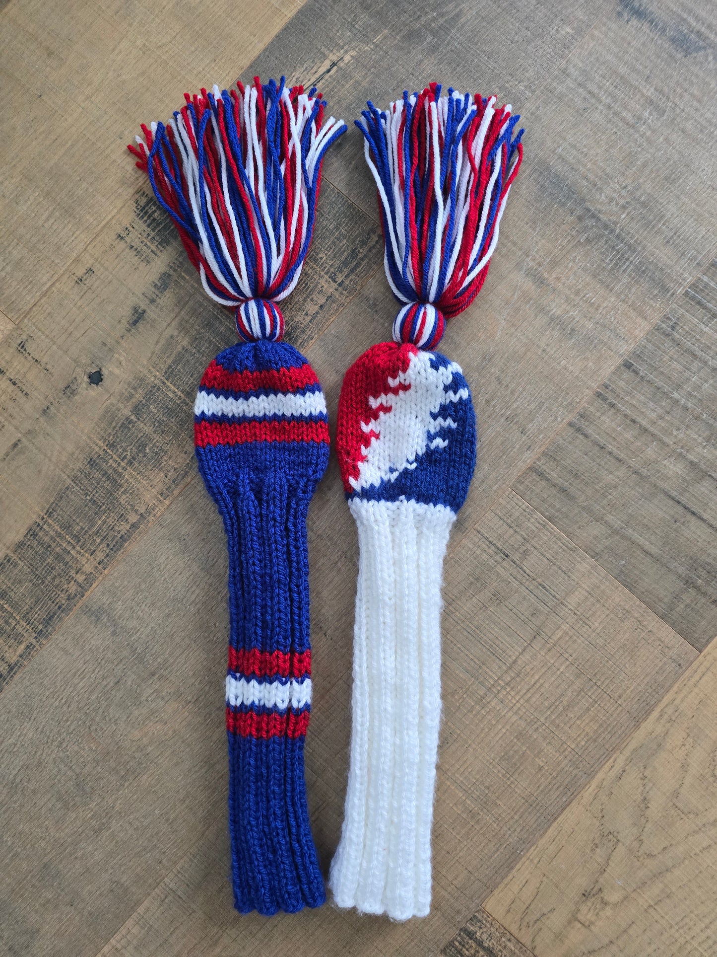 Hand Knit Golf Club Head Covers Retro-Vintage Custom Red, White and Blue Set of Two for Hybrids for Wes