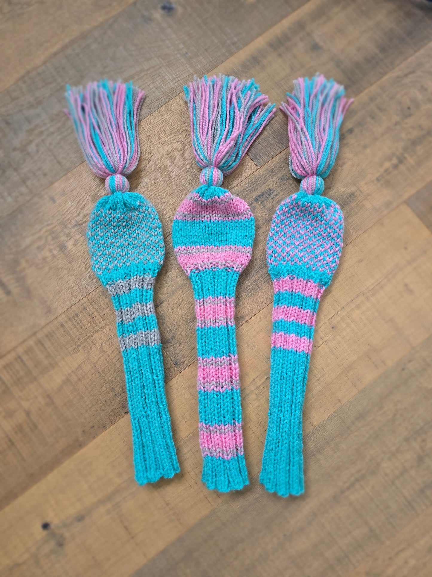 Golf Club Head Covers Retro-Vintage Pink, Gray & Aqua with Tassels for Drivers, Woods Hand Knit Golf Accessory