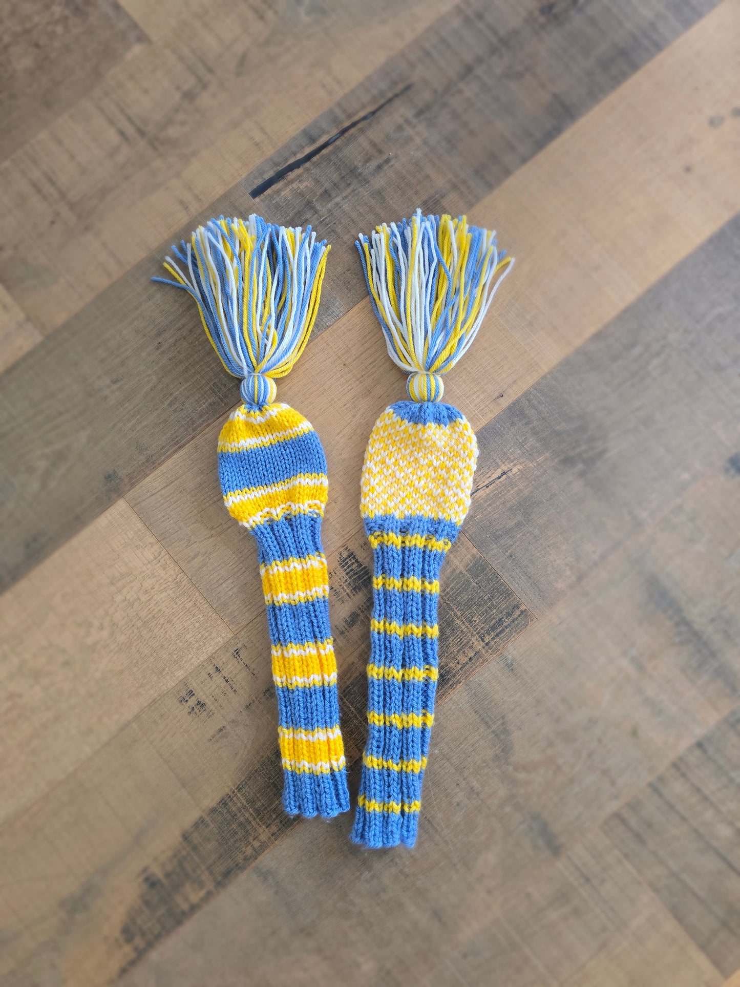 Hand Knit Golf Club Head Covers Retro-Vintage Blue, Yellow & White with Tassels for Fairway Woods