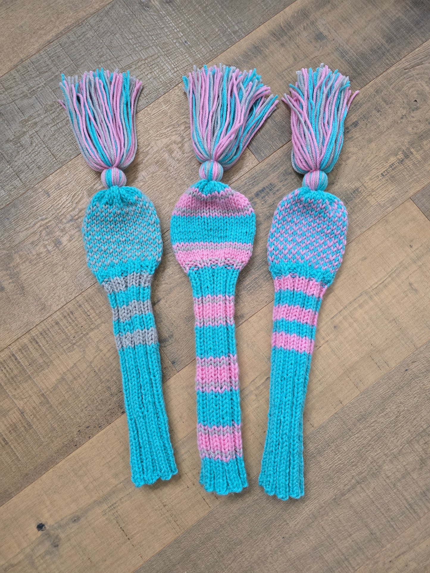 Golf Club Head Covers Retro-Vintage Pink, Gray & Aqua with Tassels for Drivers, Woods Hand Knit Golf Accessory
