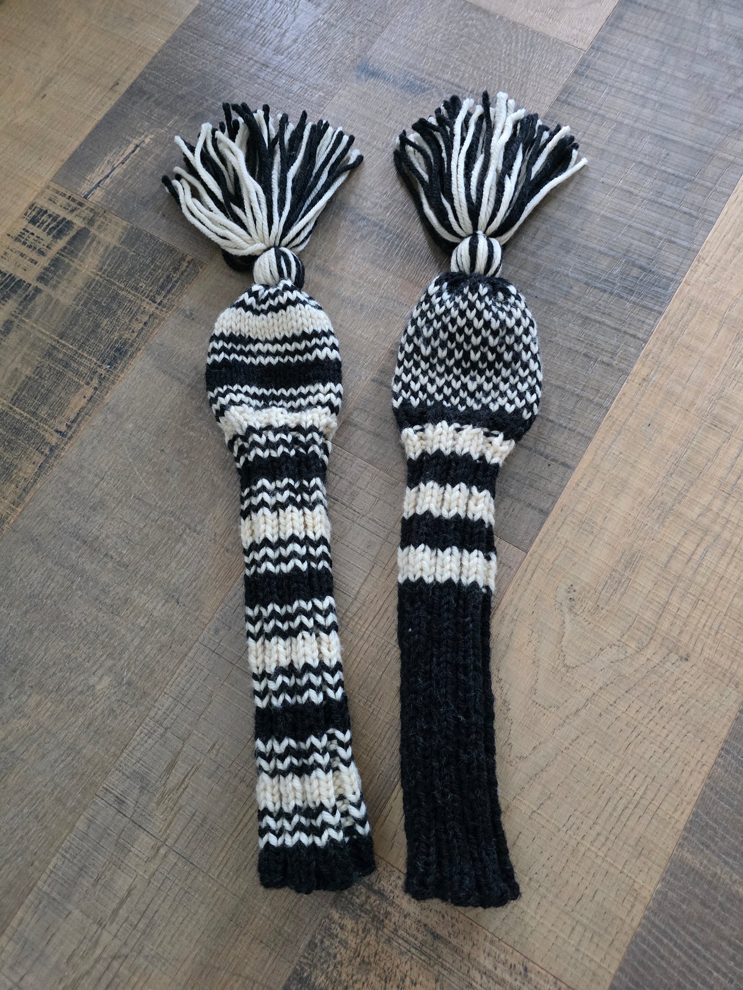 Two 100% Wool Hand Knit Golf Club Head Cover Retro-Vintage Dark Gray & Ivory with Tassel for Fairway Woods