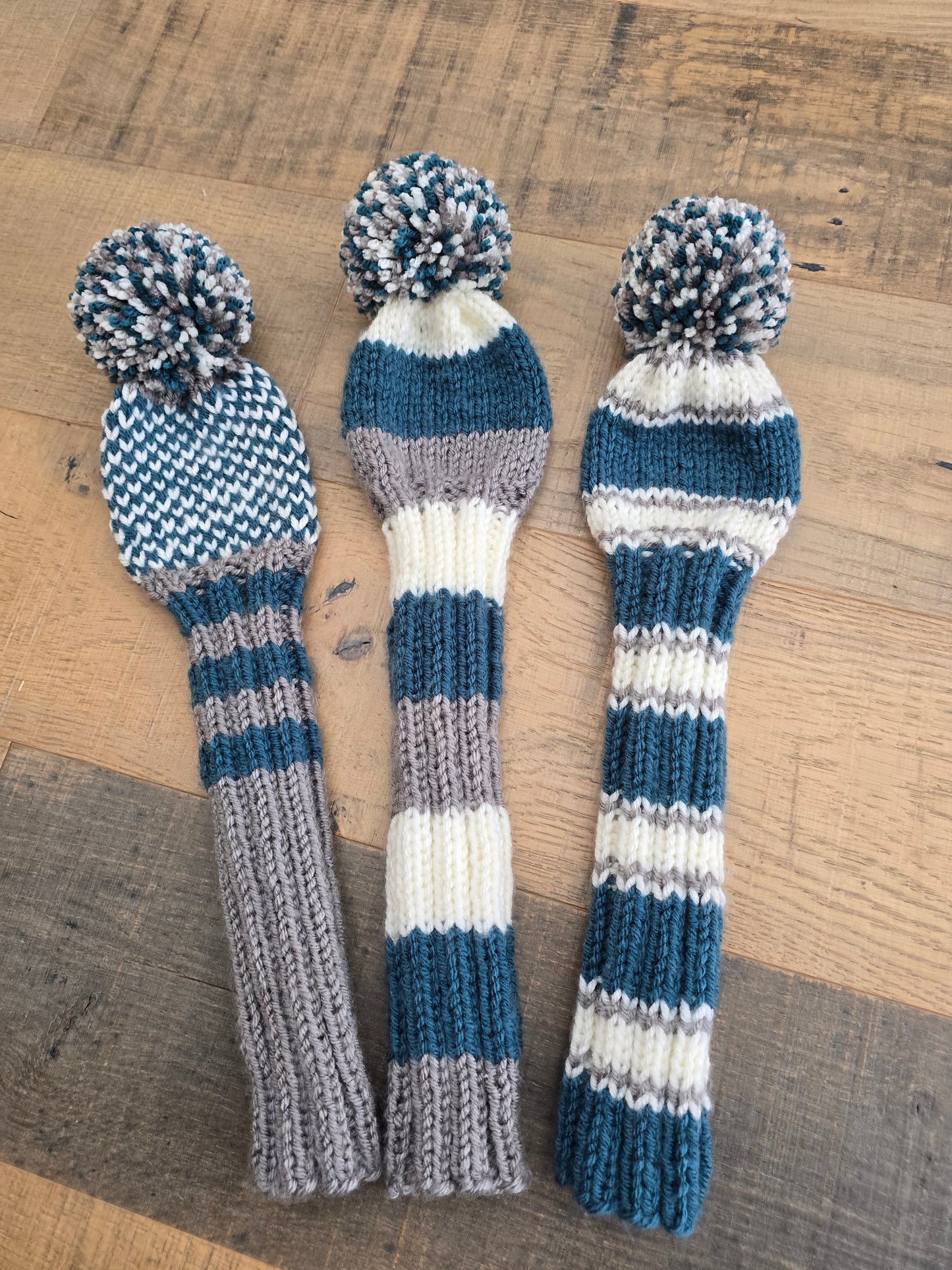 Golf Club Head Covers Retro-Vintage Teal, Gray and Off White with Pom Poms for Drivers, Woods Hand Knit Golf Accessory