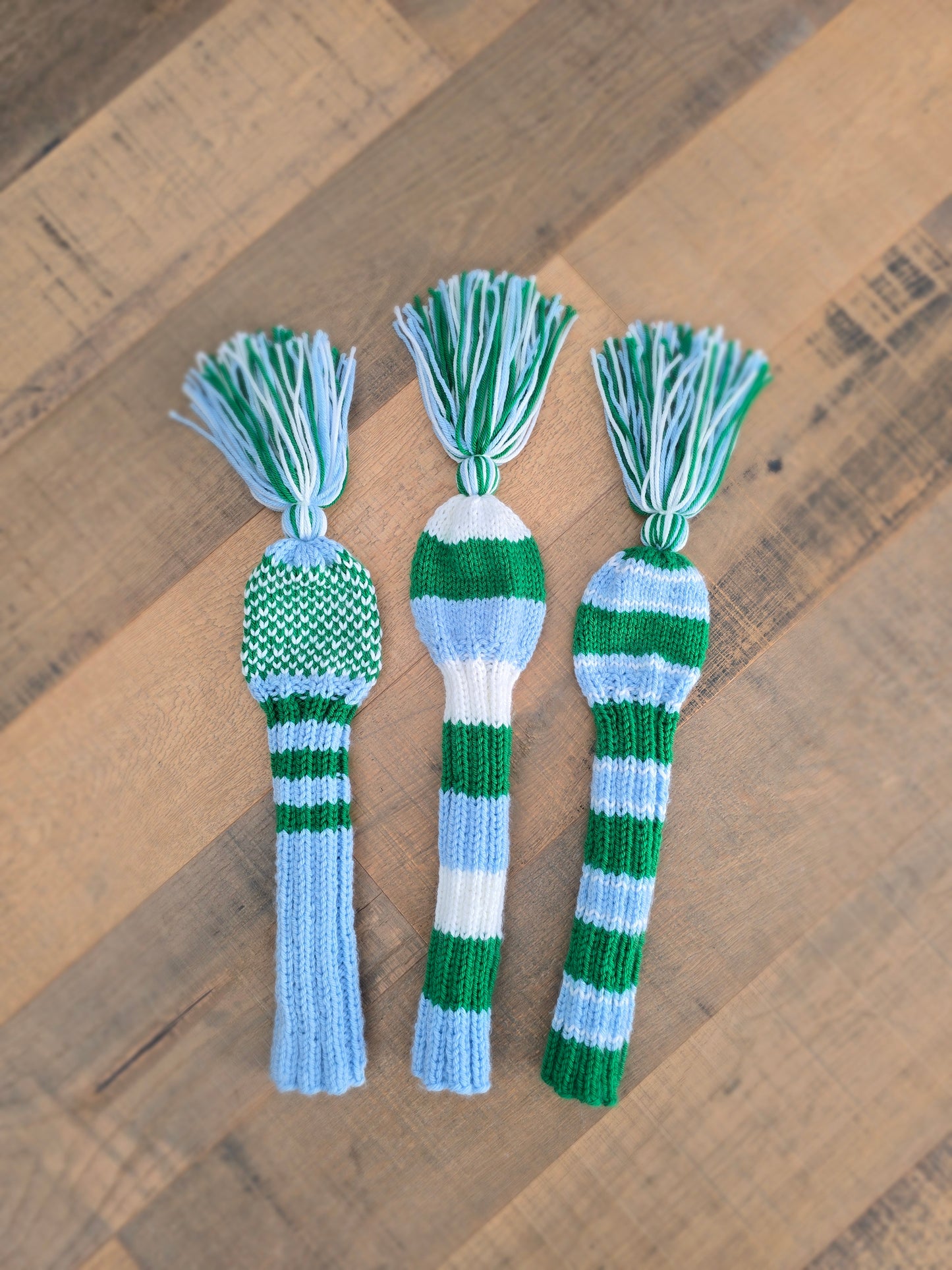 Three Golf Club Head Covers Retro-Vintage Blue, Green & White with Tassels for Drivers, Woods