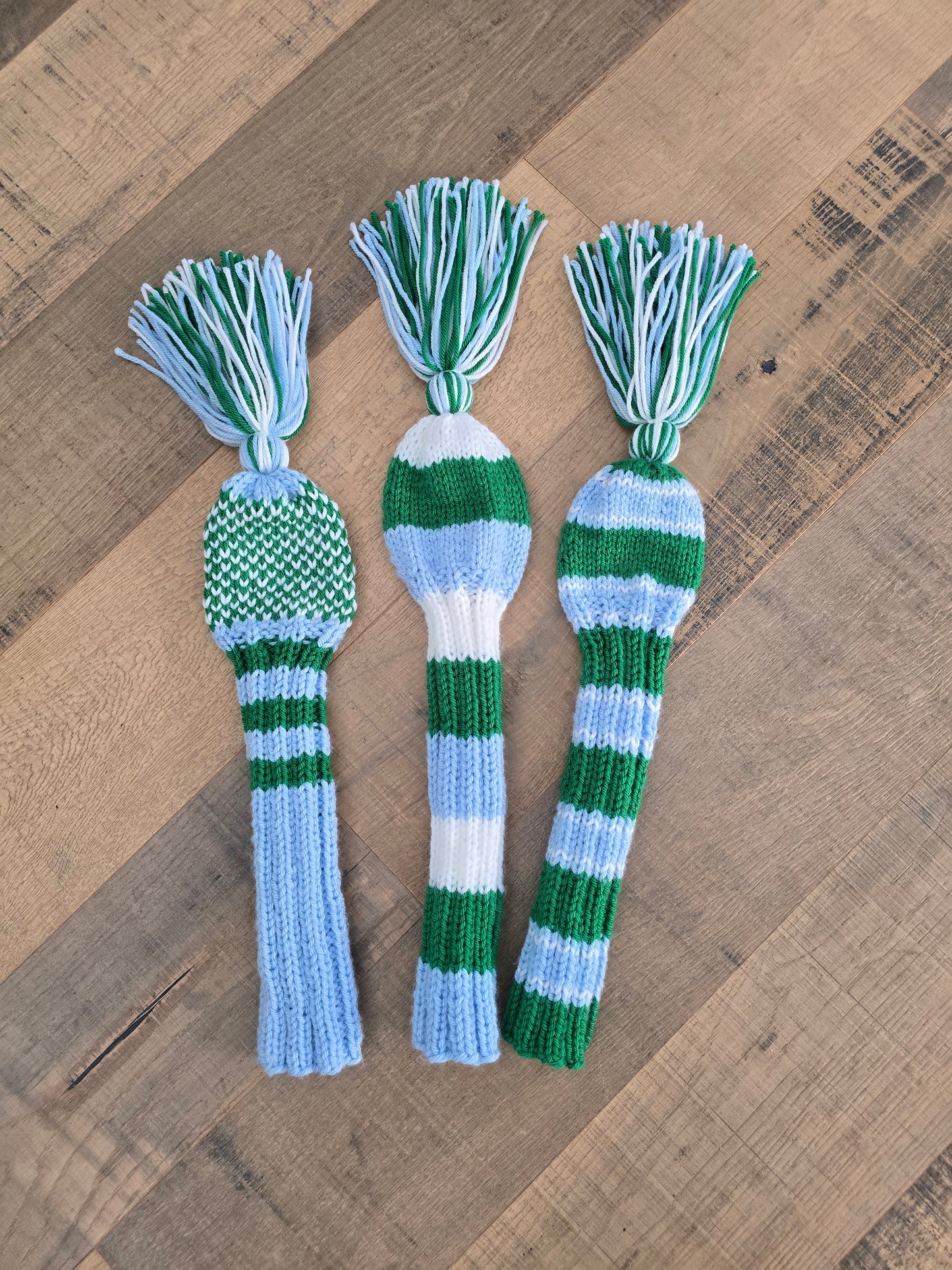 Three Golf Club Head Covers Retro-Vintage Blue, Green & White with Tassels for Drivers, Woods