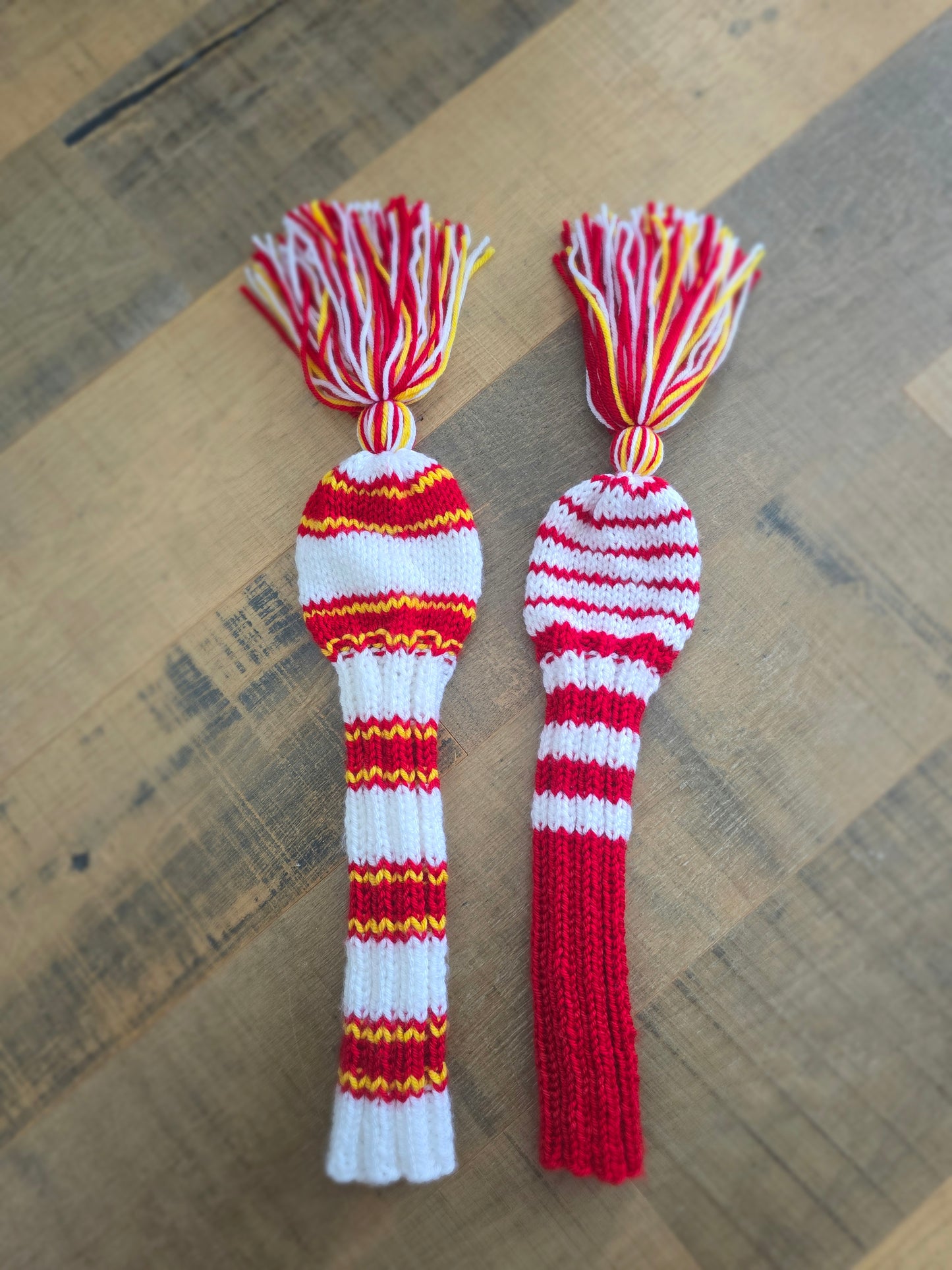 Two Golf Club Head Covers Retro-Vintage Red, Yellow & White with Tassels Driver & Fairway Wood Covers Custom for Kawika