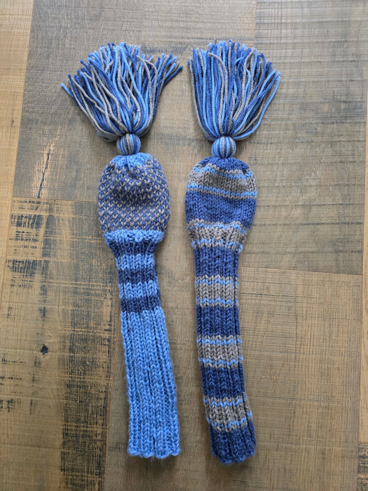 Hand Knit Golf Club Head Covers Retro-Vintage Black, Blue & Gray with Tassels for Fairway Woods