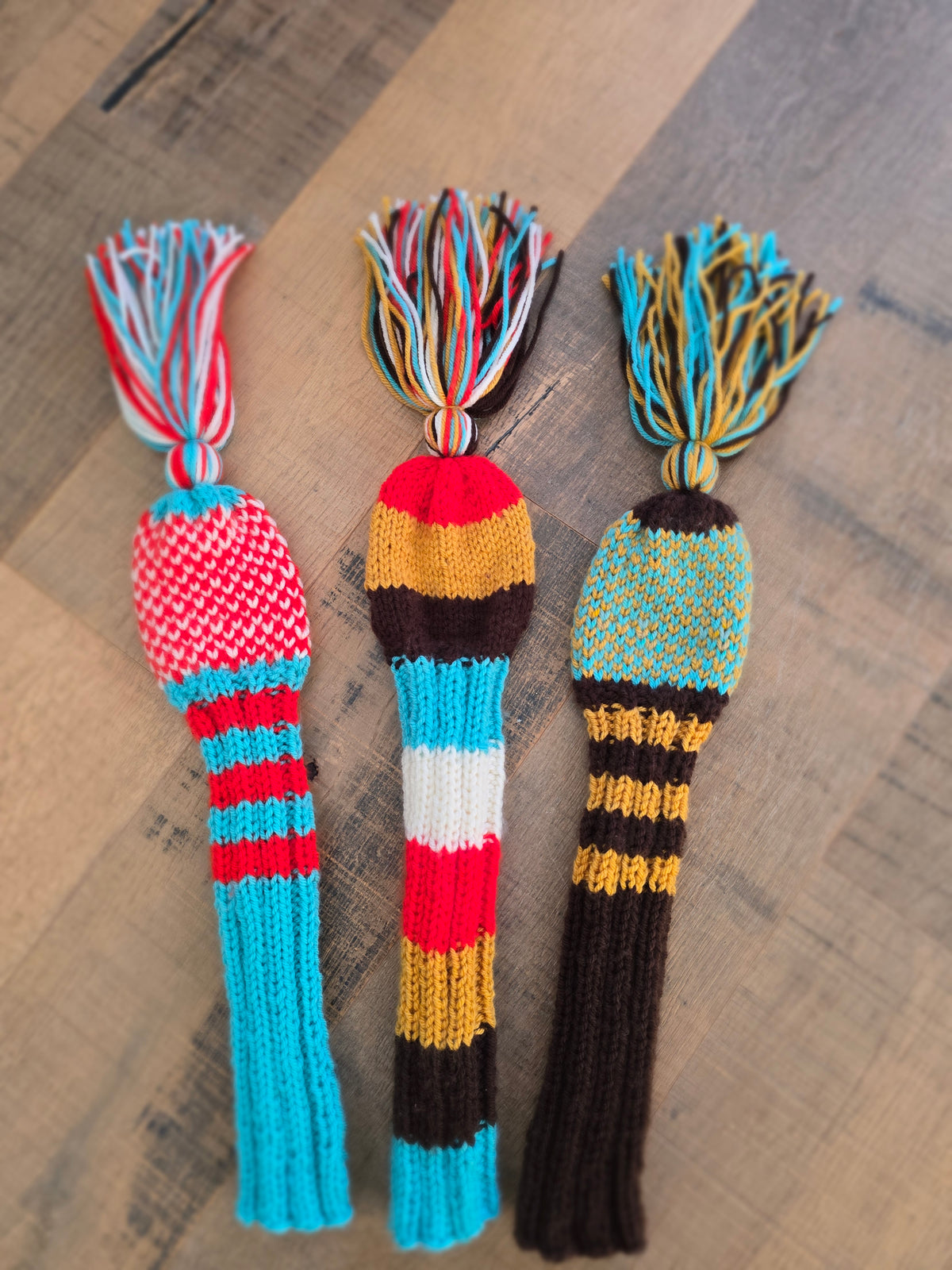 Hand Knit Golf Club Head Covers Retro-Vintage Multi Colored with Tassels for Driver & Fairway Woods Golf Gift
