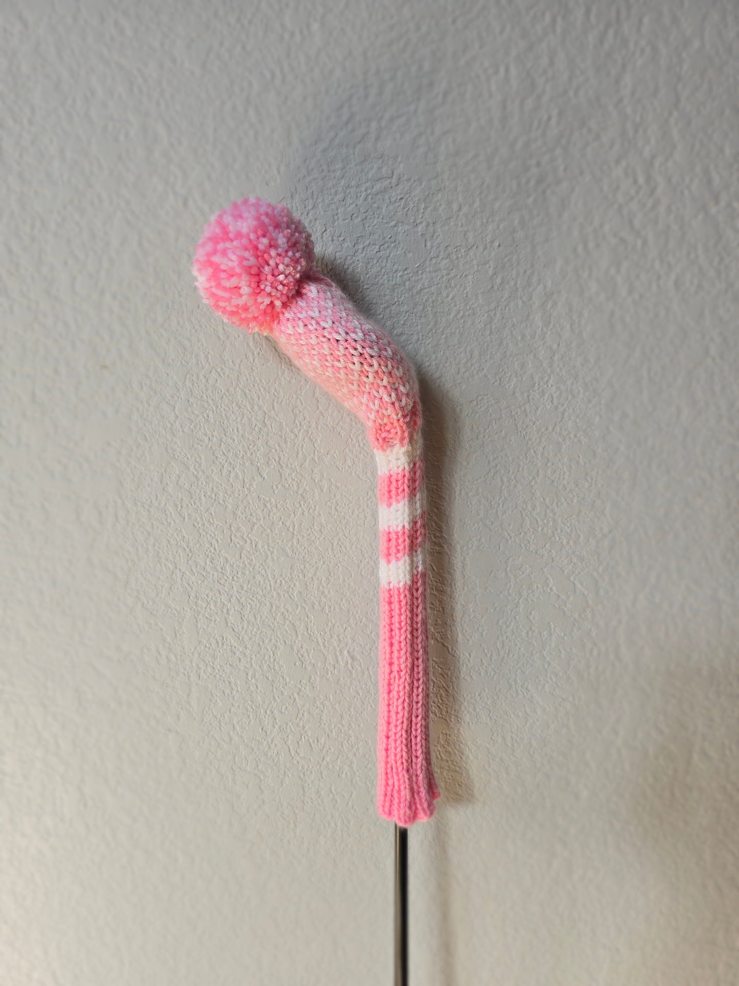 Custom Hand Knit Golf Club Head Cover Retro-Vintage Pink & White with Pom Pom for 5 Wood for Melissa