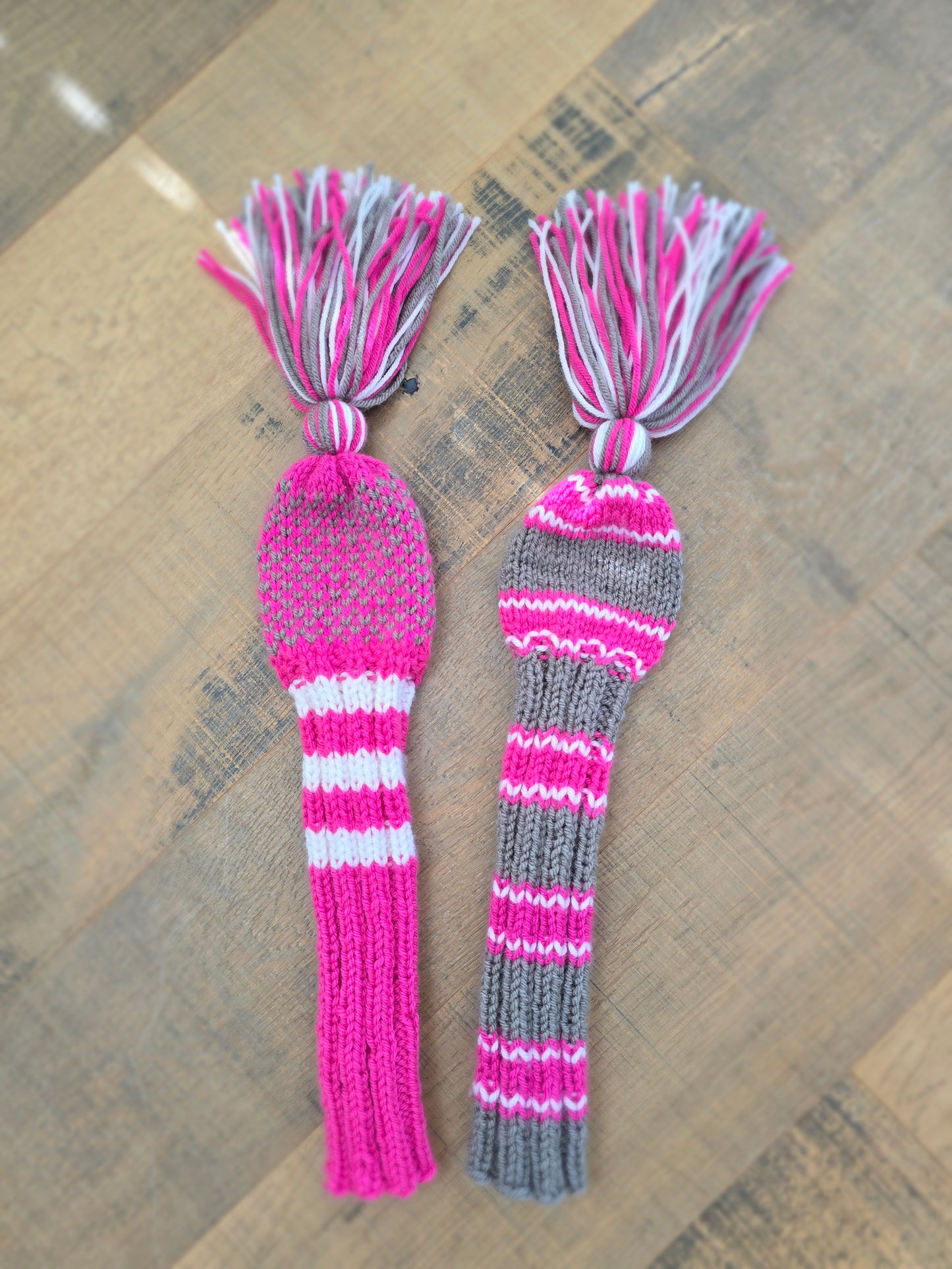 Two Golf Club Head Covers Retro-Vintage Pink, Gray & White with Tassels for Fairway Wood & Driver