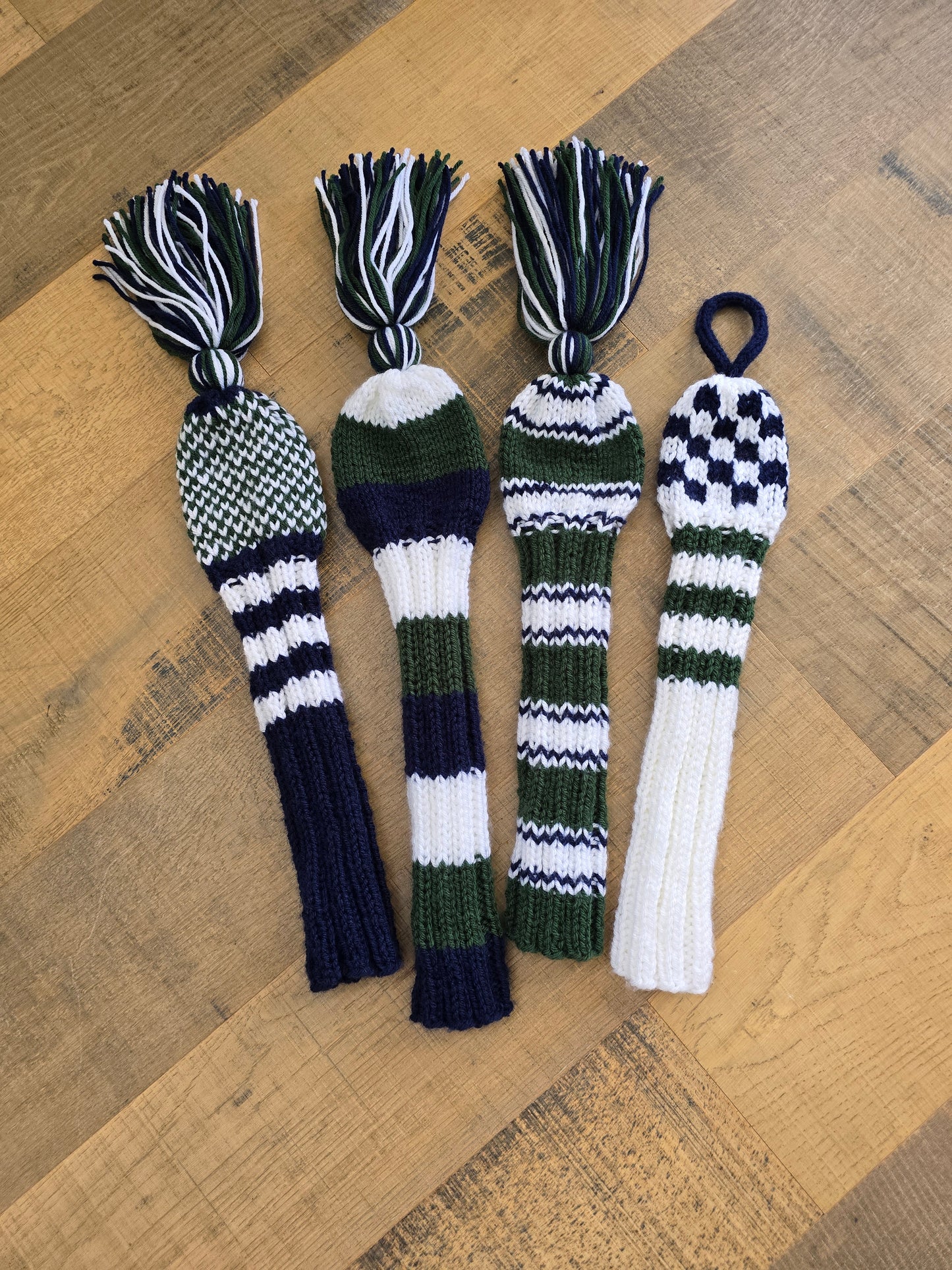 Custom Hand Knit Golf Club Head Covers Retro-Vintage Blue, Green & White with Tassels for Driver, Fairway Woods & Hybrid