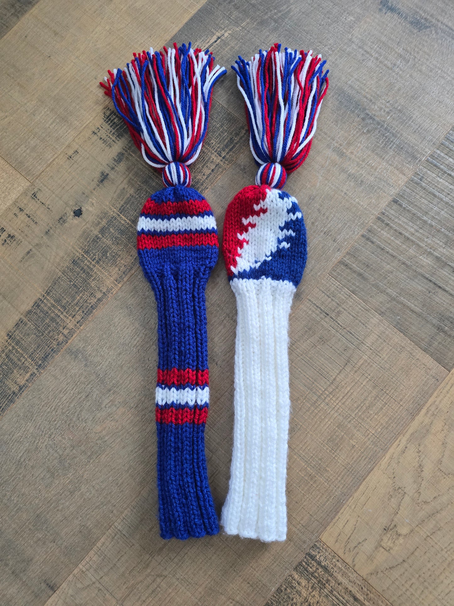 Hand Knit Golf Club Head Covers Retro-Vintage Custom Red, White and Blue Set of Two for Hybrids for Wes